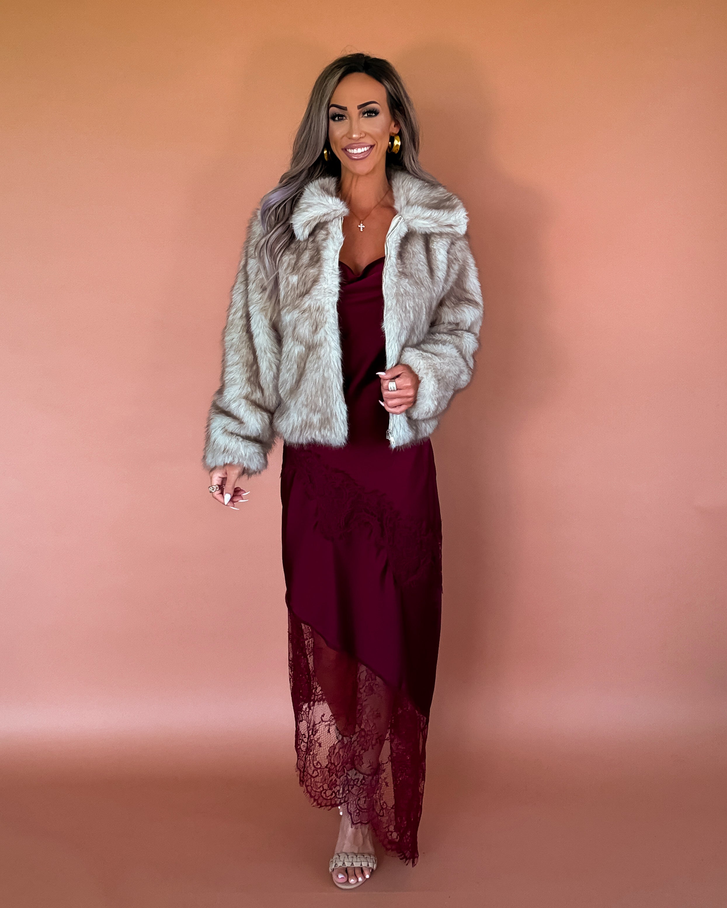 Flirty Femme Satin Lace Dress - Wine