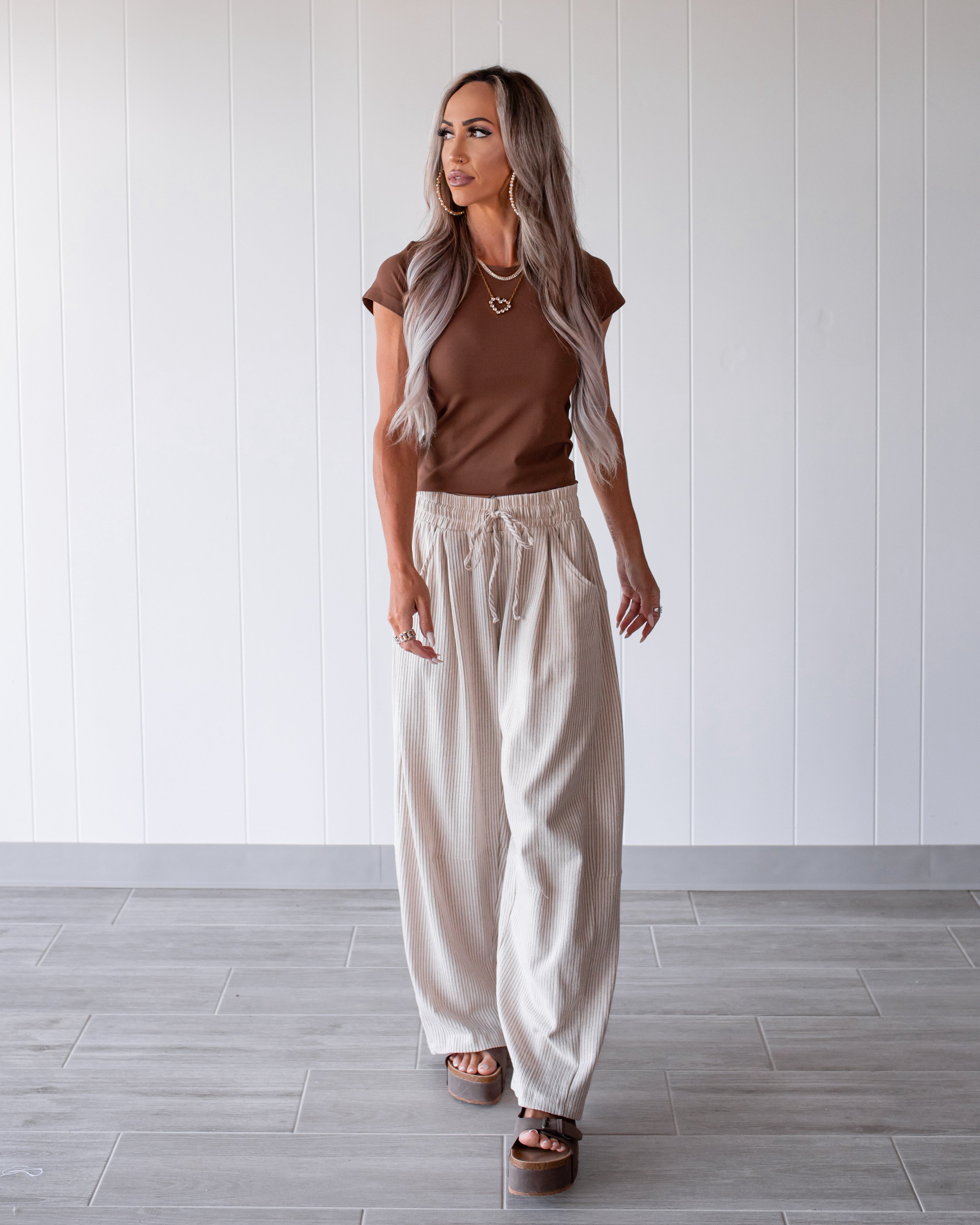 Bow Down Stripe Drawstring Pants - Taupe