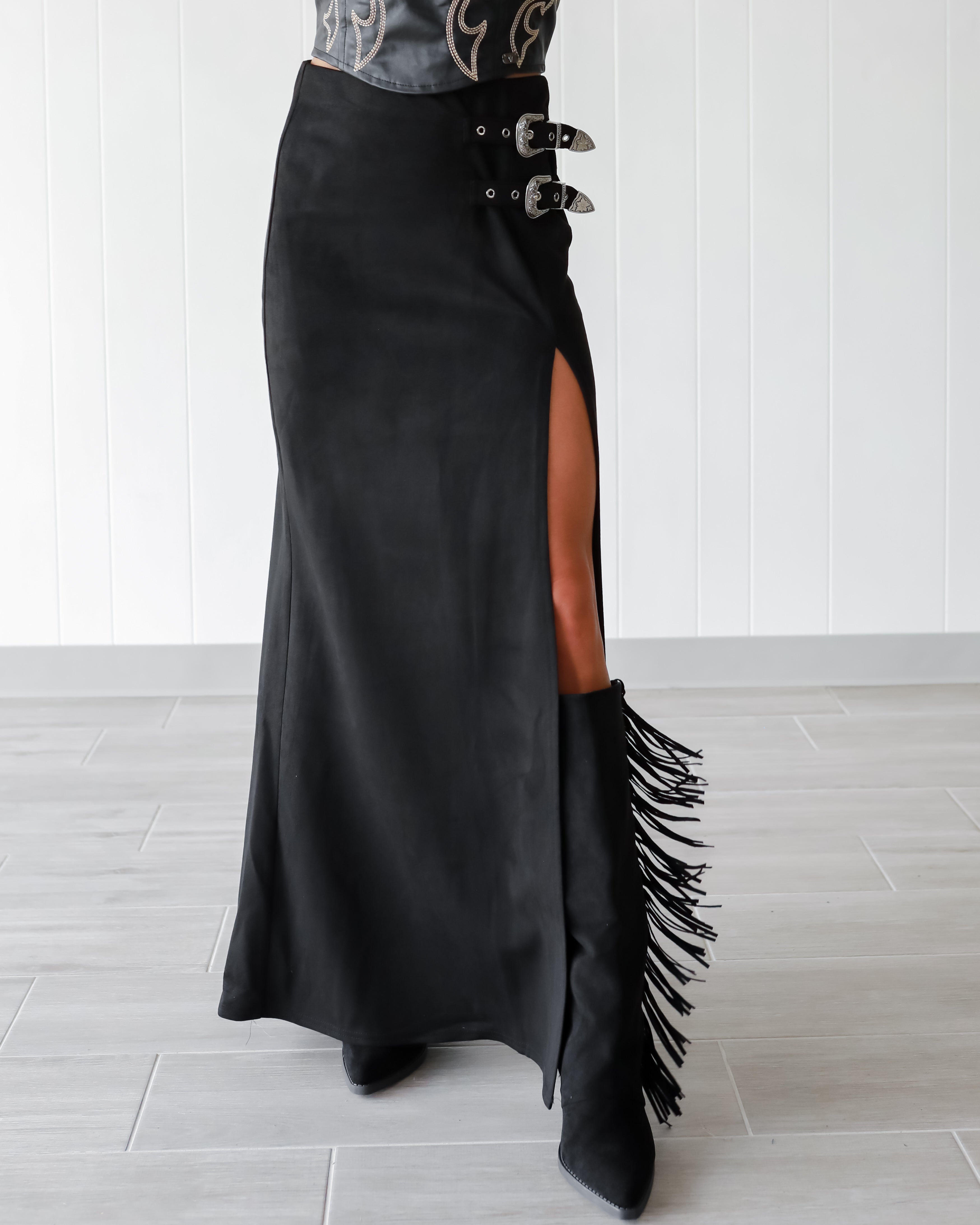 Risk Taker Buckle Suede Skirt - Black