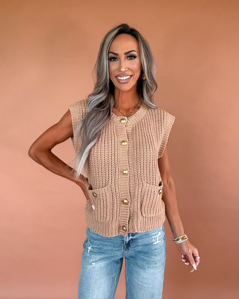 The Harvest Chunky Button Down Sweater Vest - Hazelnut
