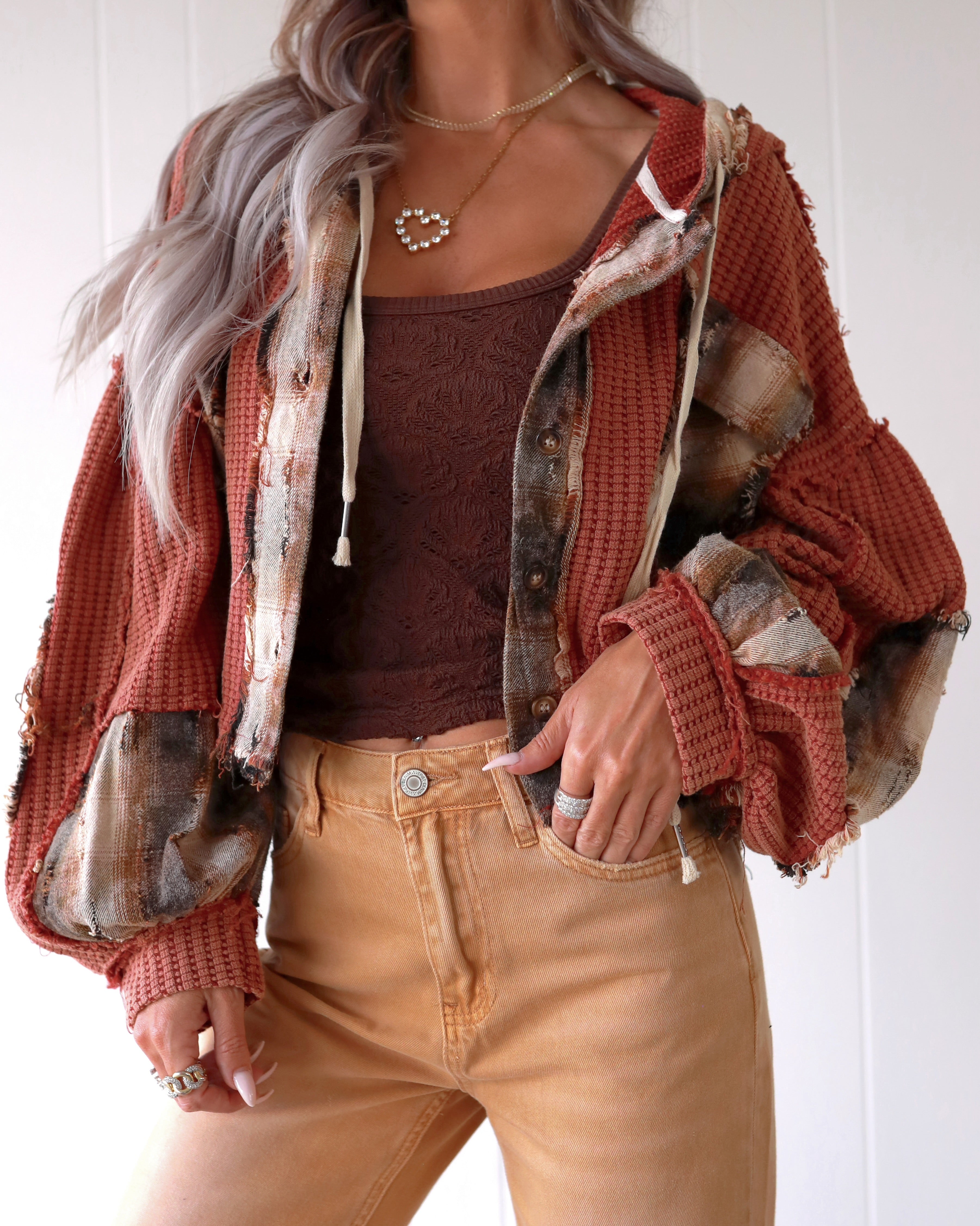Sweet Patchwork Hooded Top - Maroon