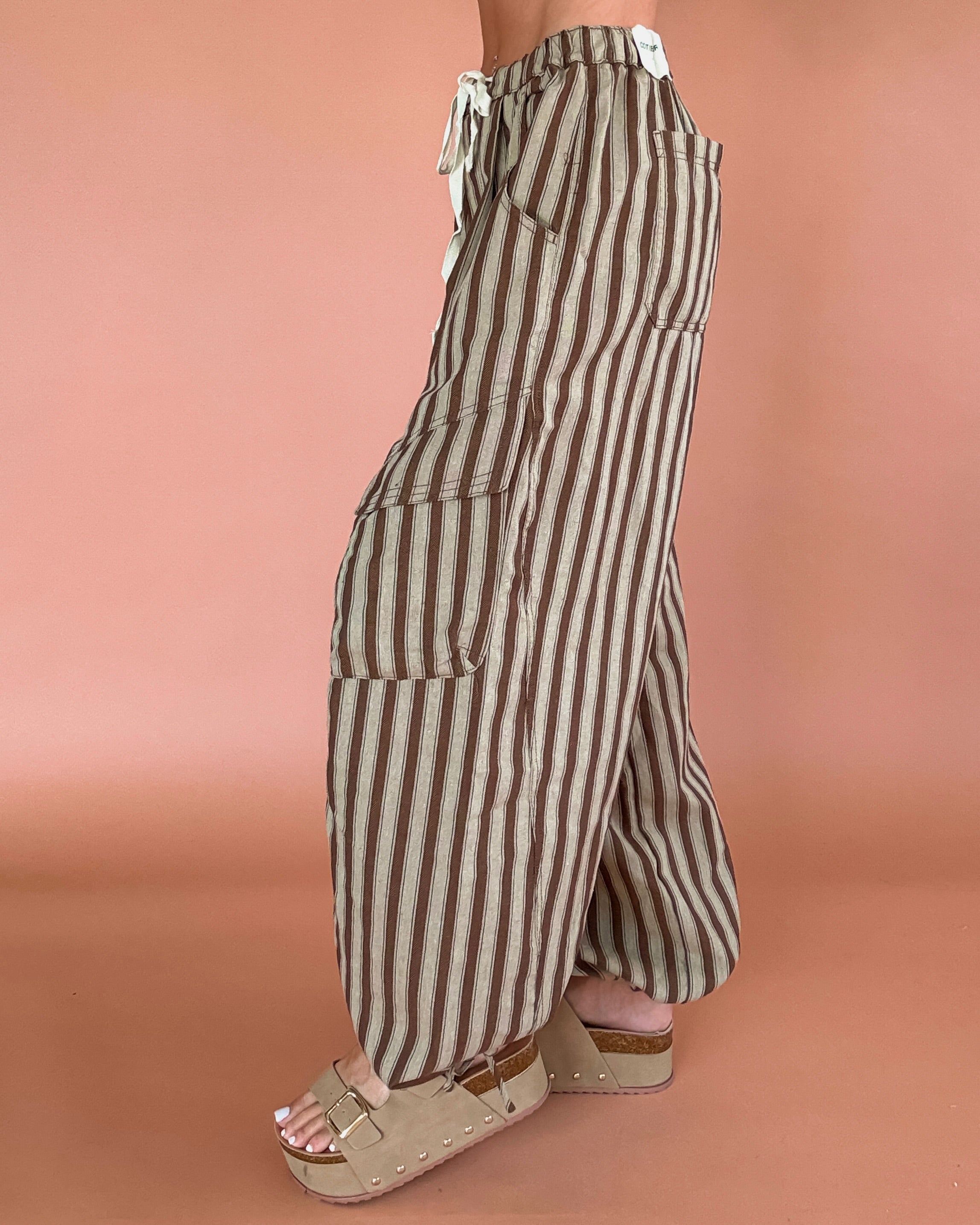 Chic Cargo Striped Wide Leg Pants - Taupe
