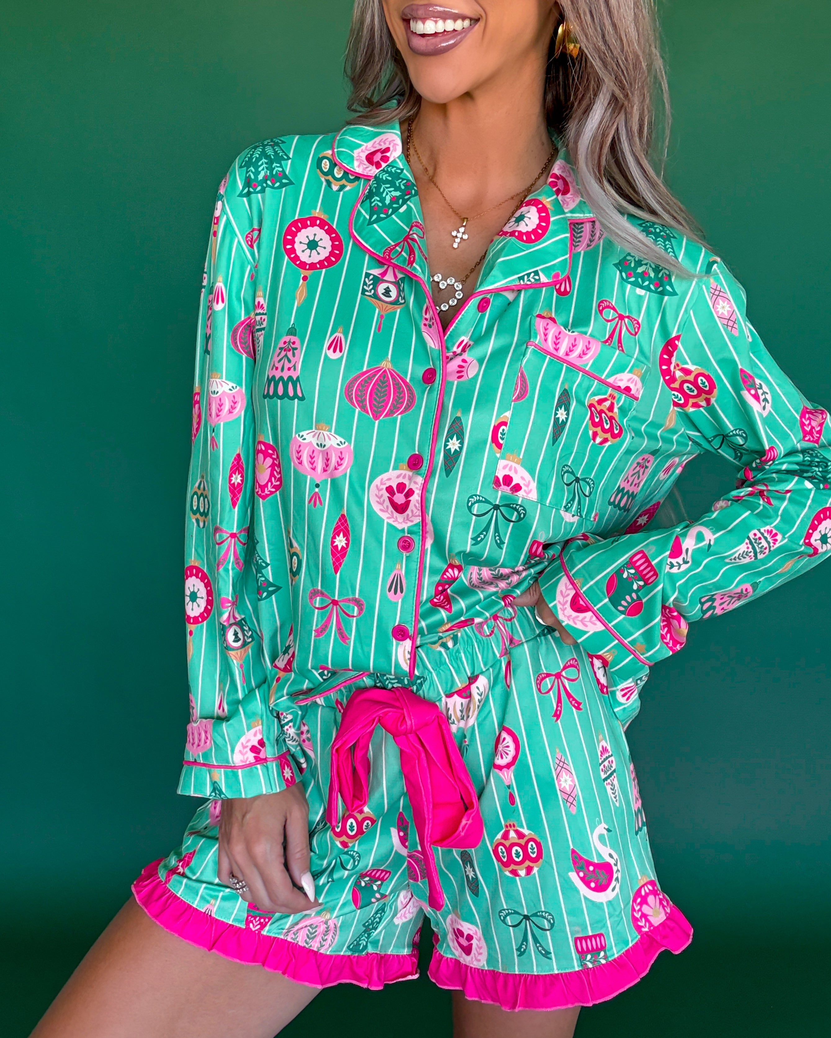 Decked In Ornaments Ruffle Pajama Set - Mint