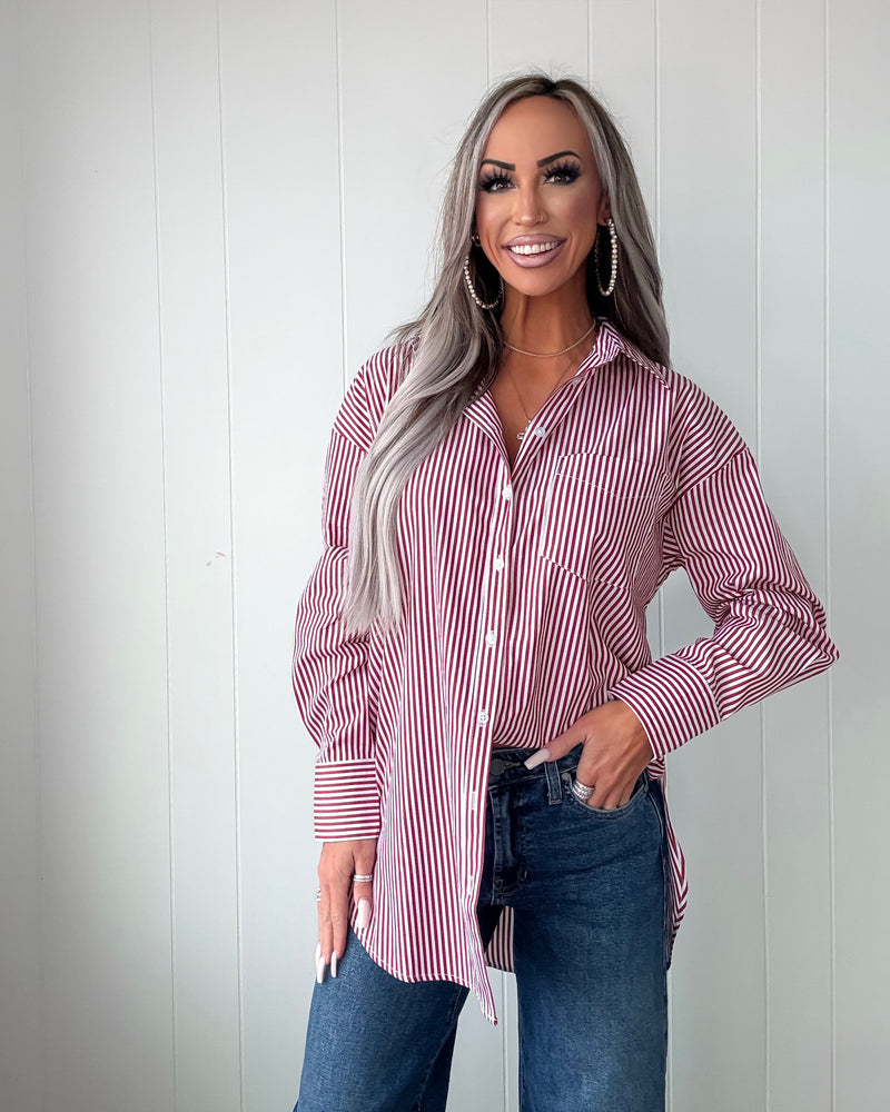 Bad At Love Button Down Stripe Top - Red