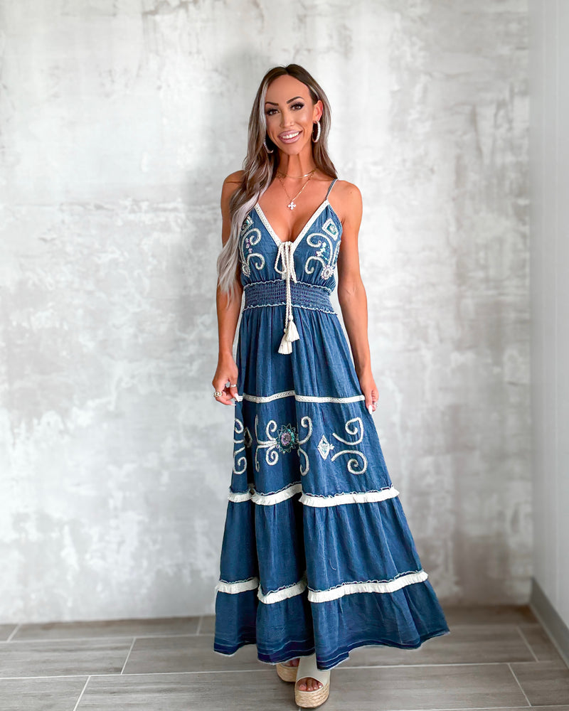 Opal Denim Smocked Tiered Maxi Dress - Dark Denim
