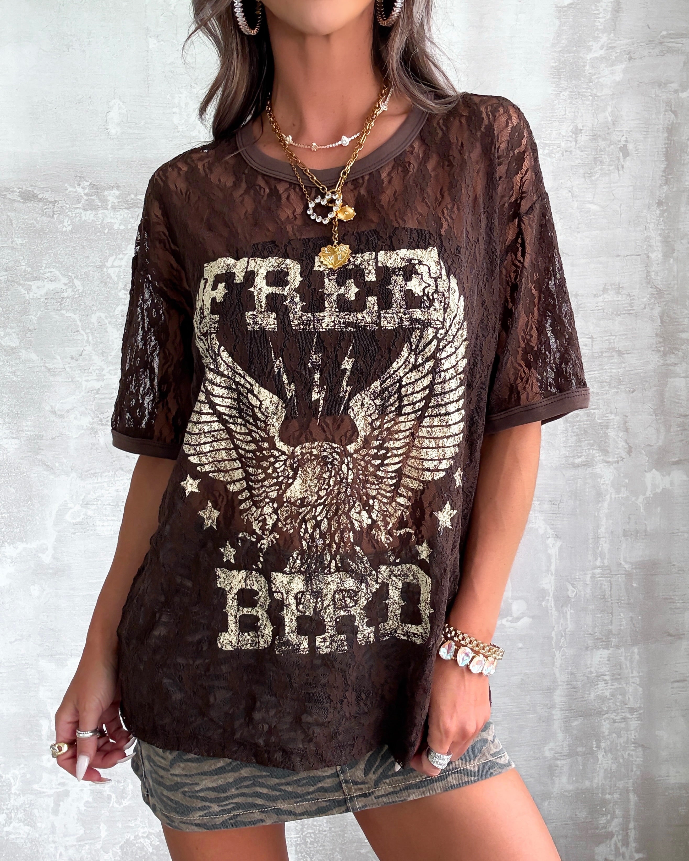 Free Bird Lace Mesh Top - Brown