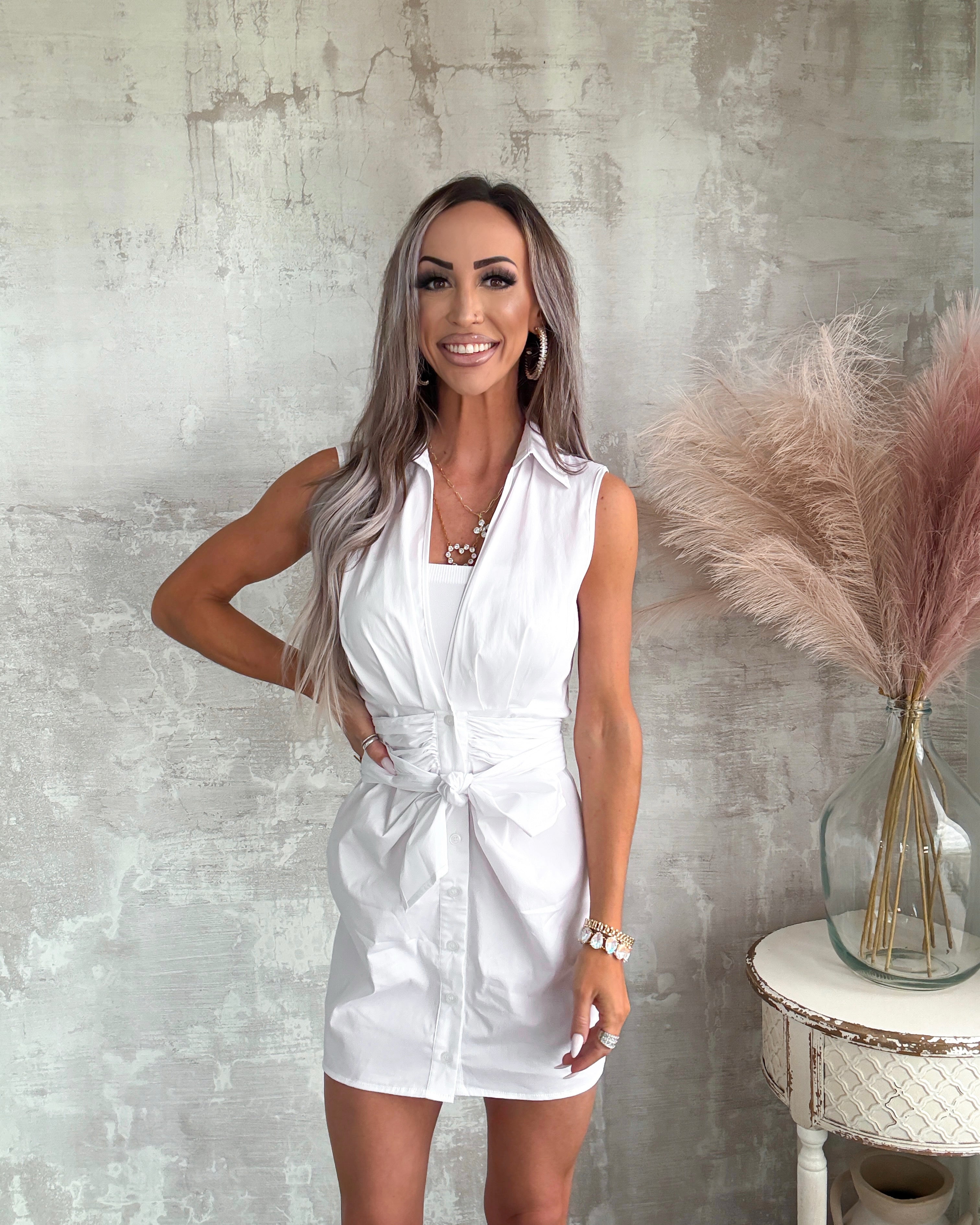 Timeless Tie Poplin Dress - White