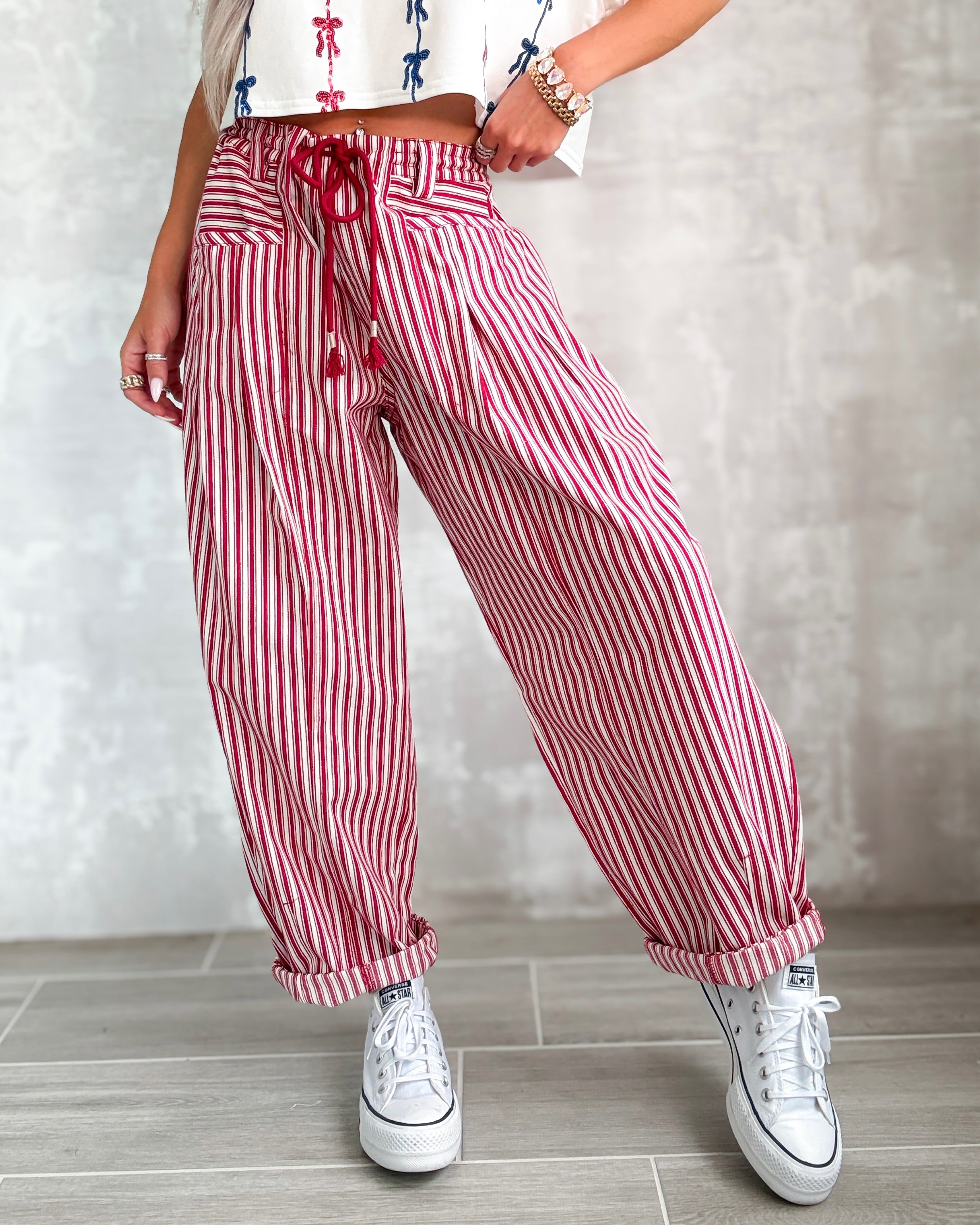 Americana Dream Striped Barrel Jeans - Red