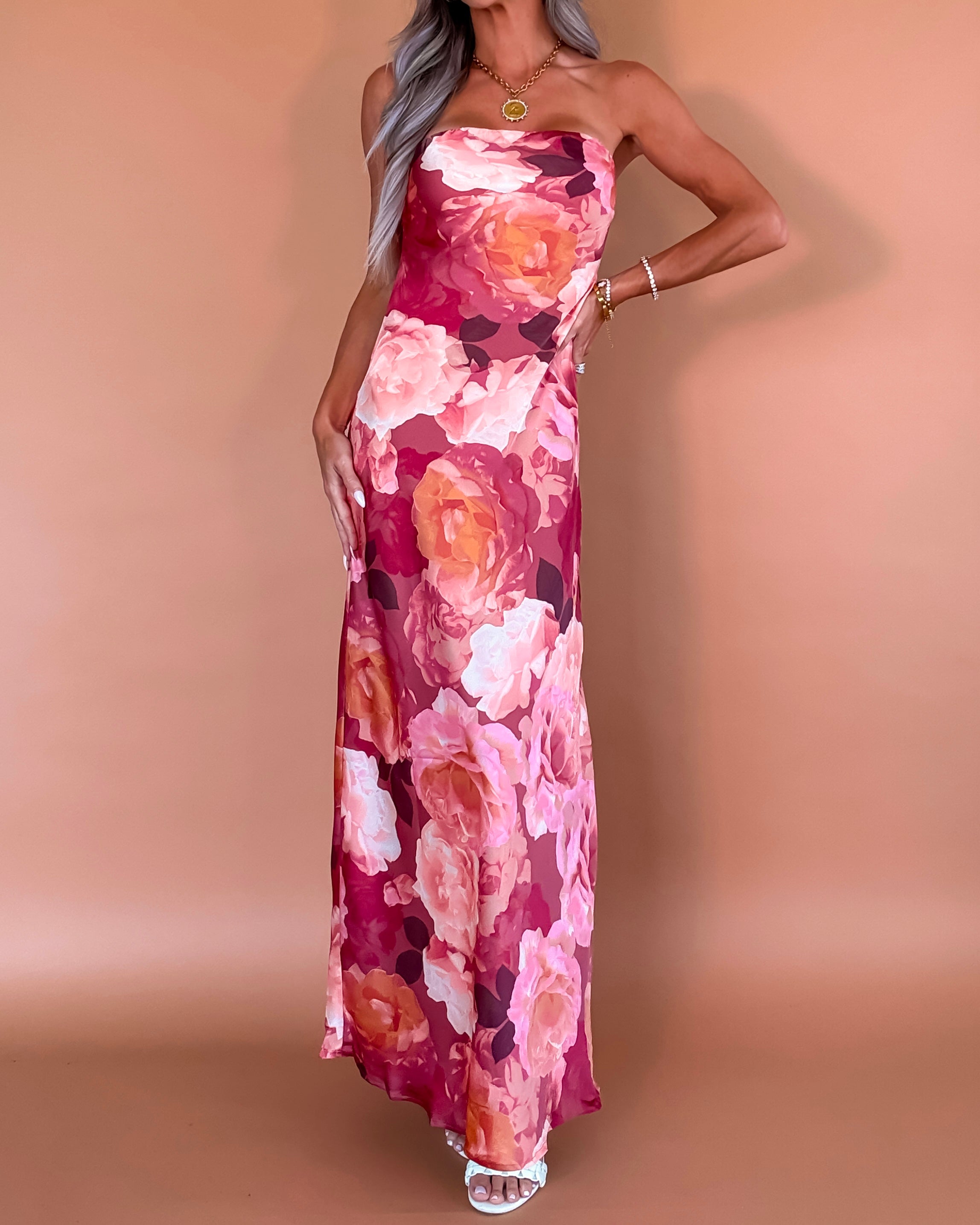 Rosy Harvest Floral Strapless Maxi Dress