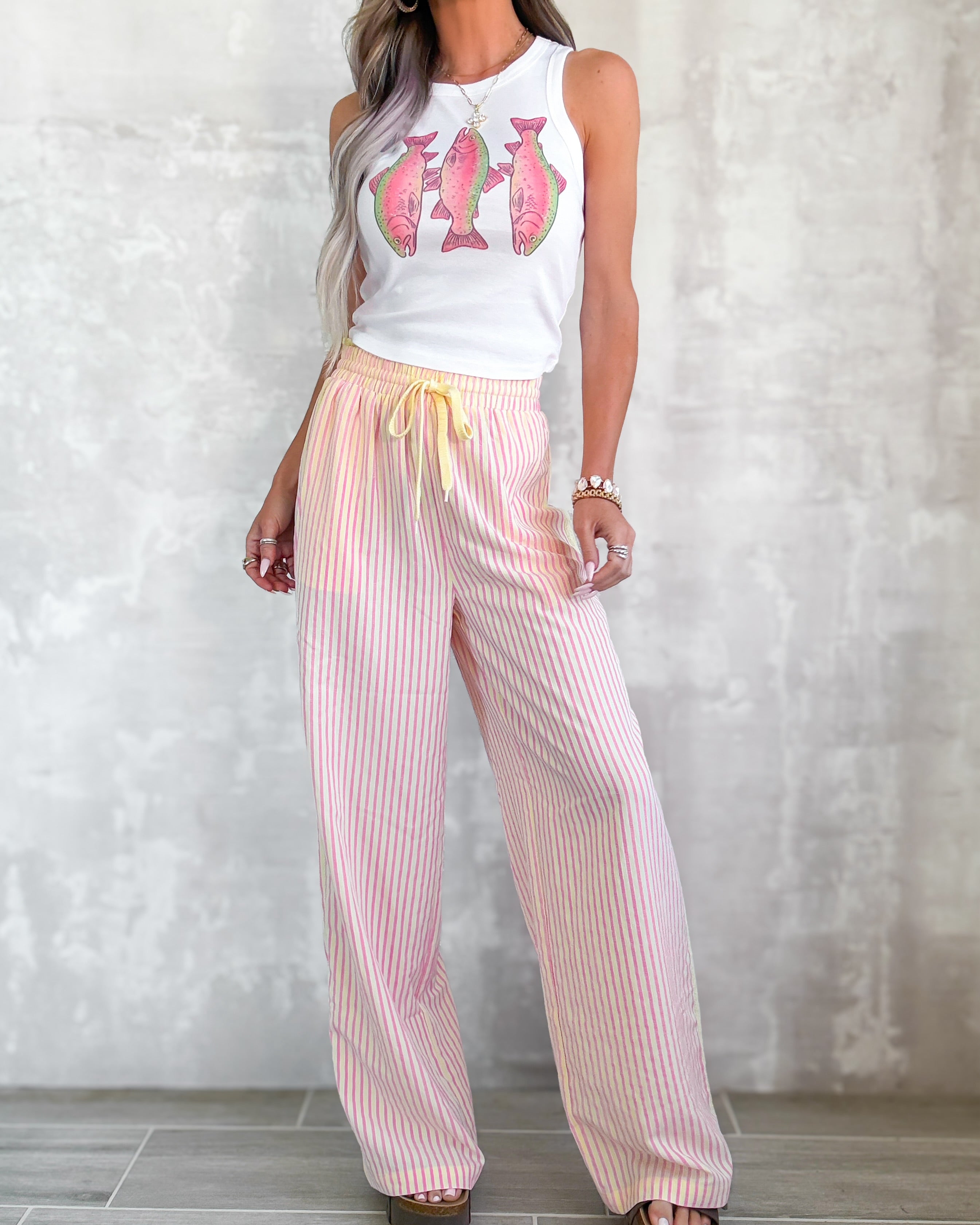 Lace Trim Statement Pants - Pink/Yellow