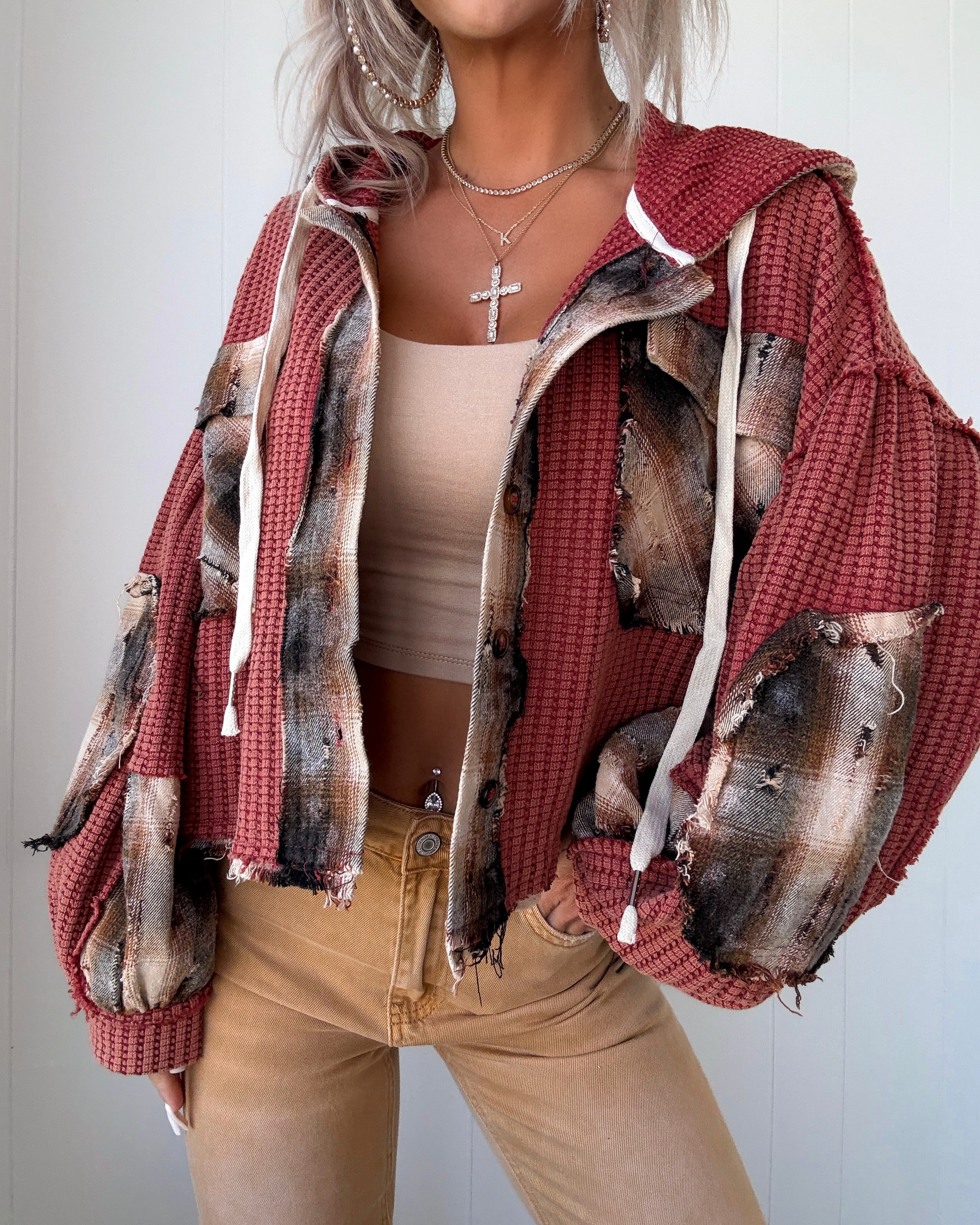 Sweet Patchwork Hooded Top - Maroon