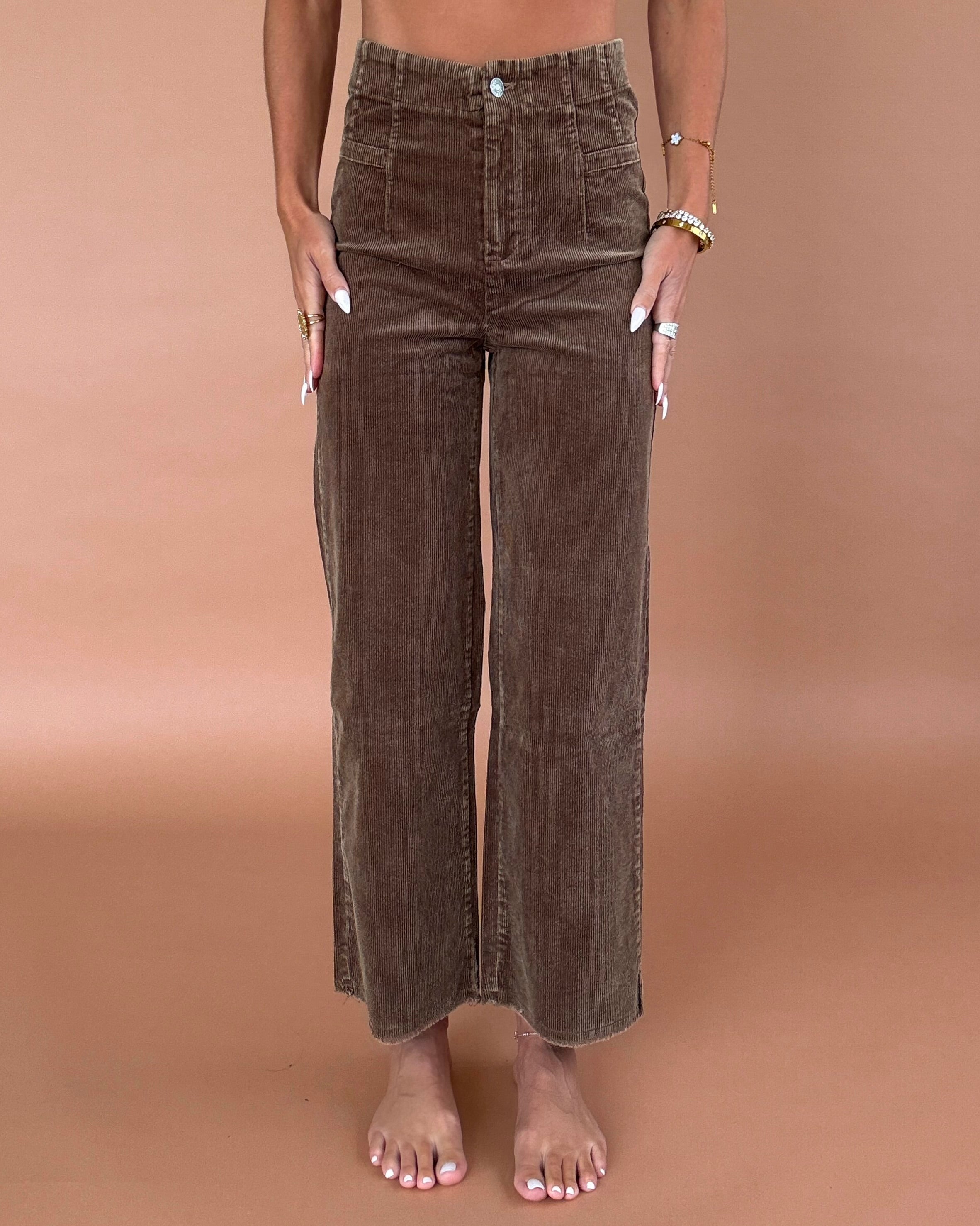 Jessie Corduroy Raw Hem Pants - Brown