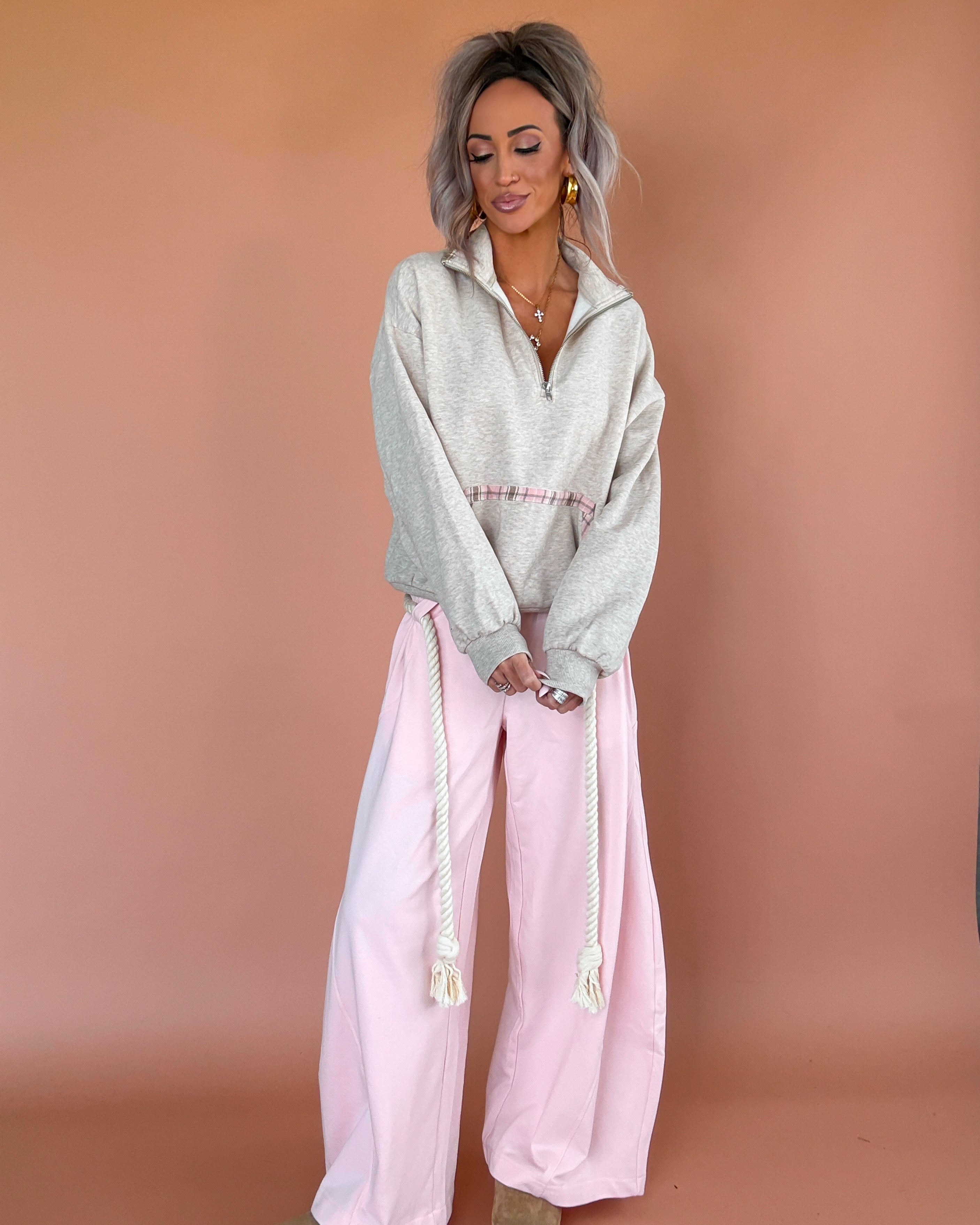 Roped In Barrel French Terry Pants - Blush Pink