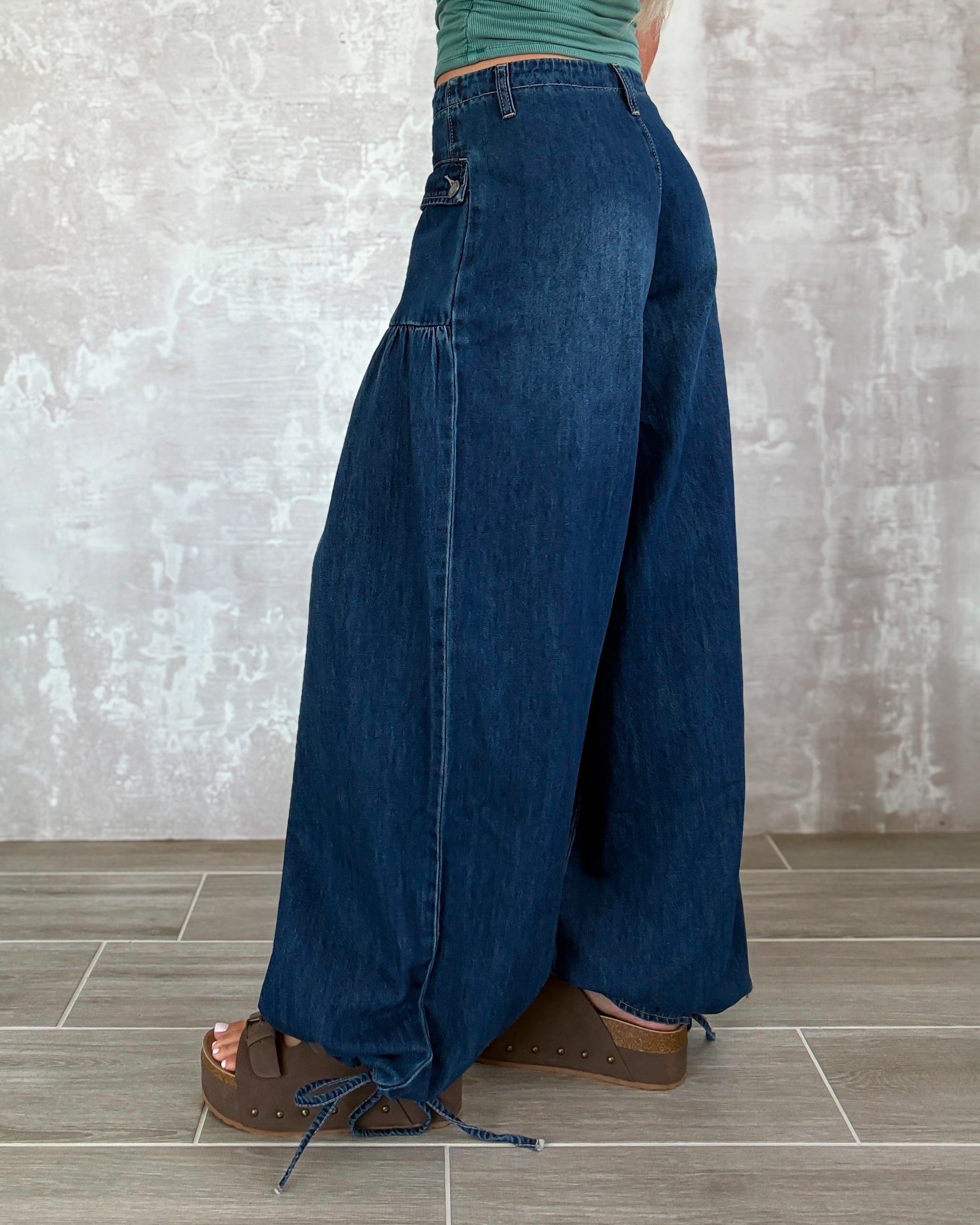 Denim Darling Ankle Drawstring Wide Pants - Dark Wash