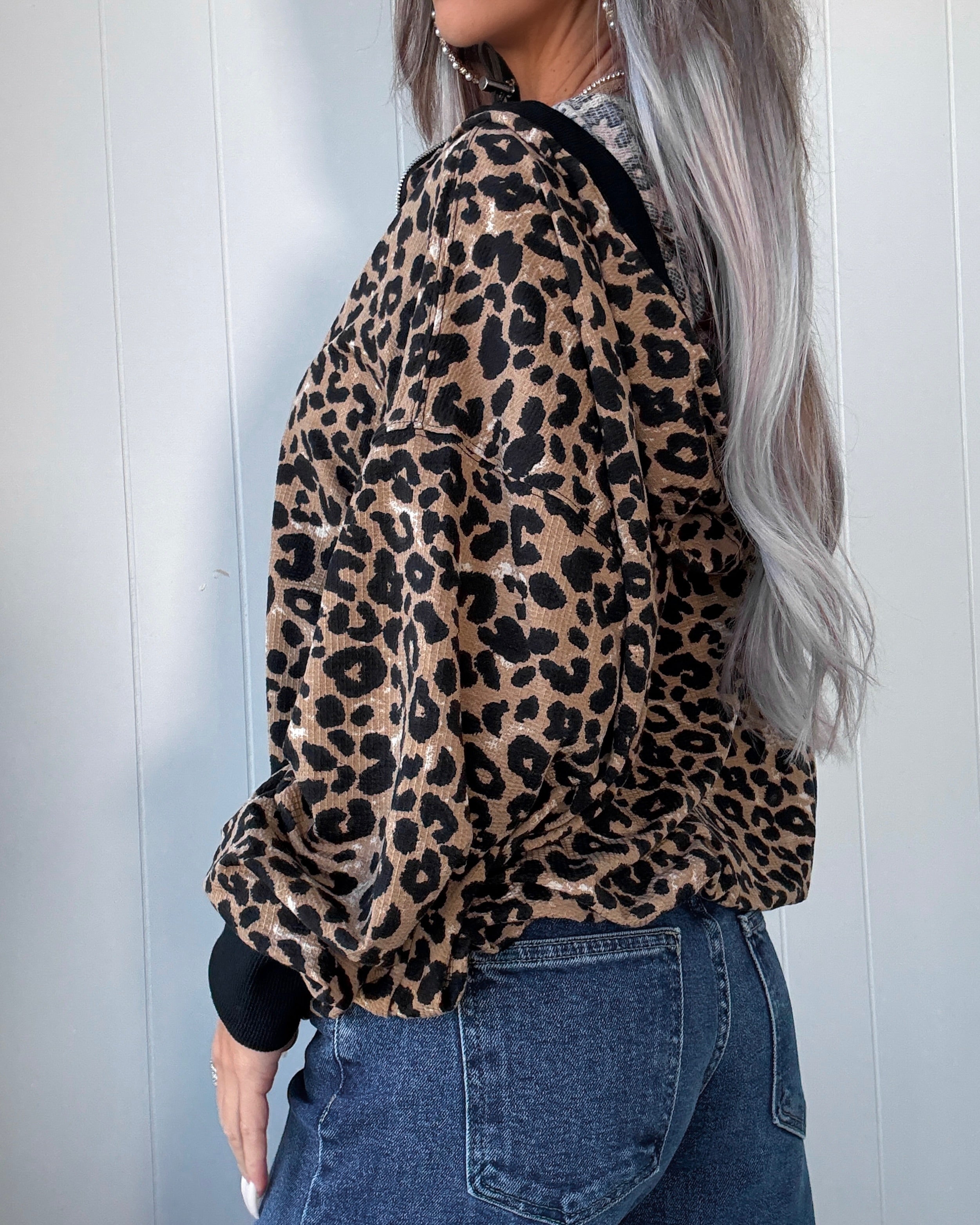 Waffle Knit Half Zip Hoodie - Leopard