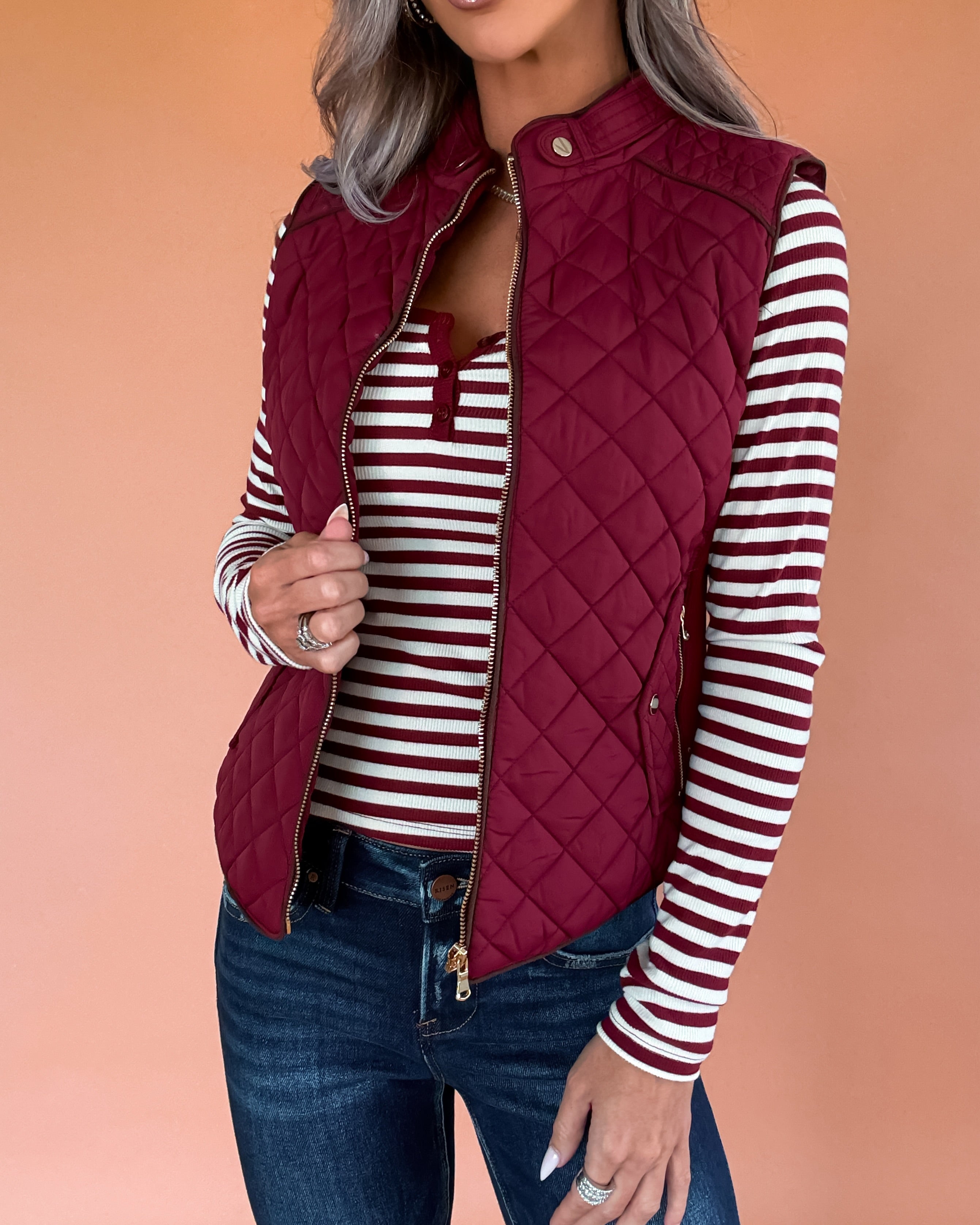 Sight Seeing Quilted Padded Vest - Wine