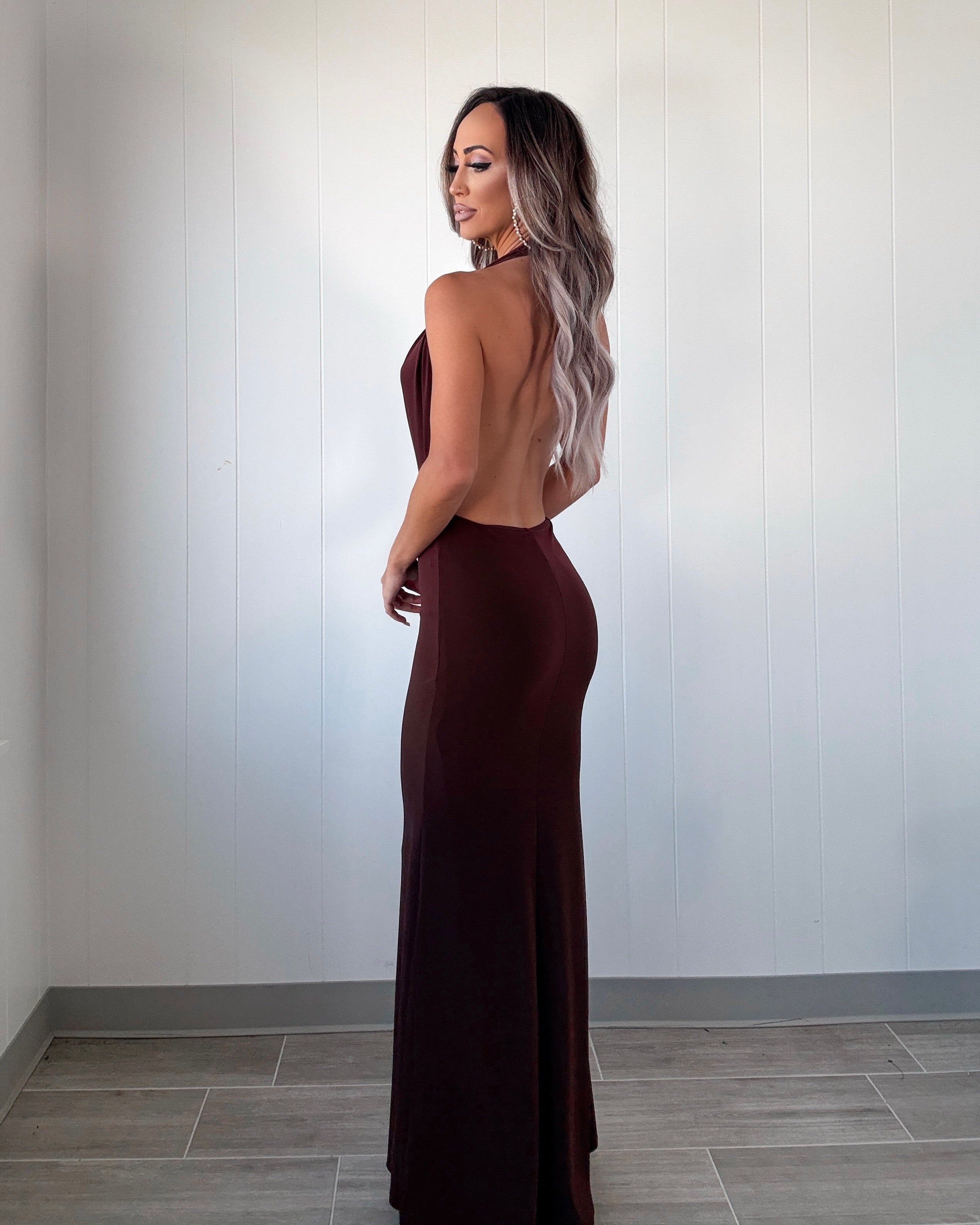 brown draped maxi dress Dark Brown Draped Neckline Satin Maxi Dress shopaleena