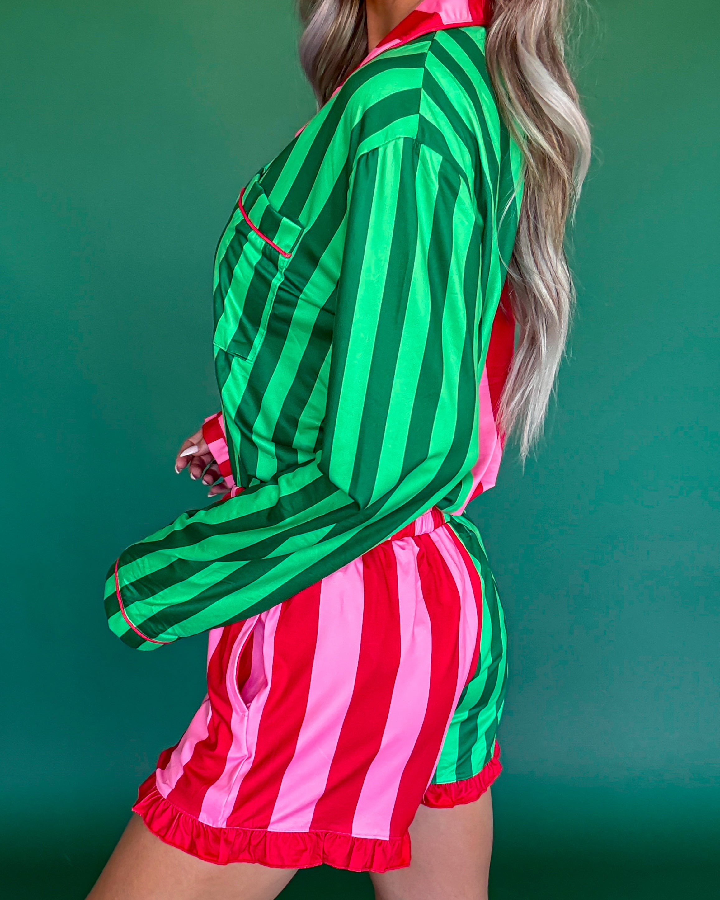 Christmas Stripes Ruffle Pajama Set - Red/Green
