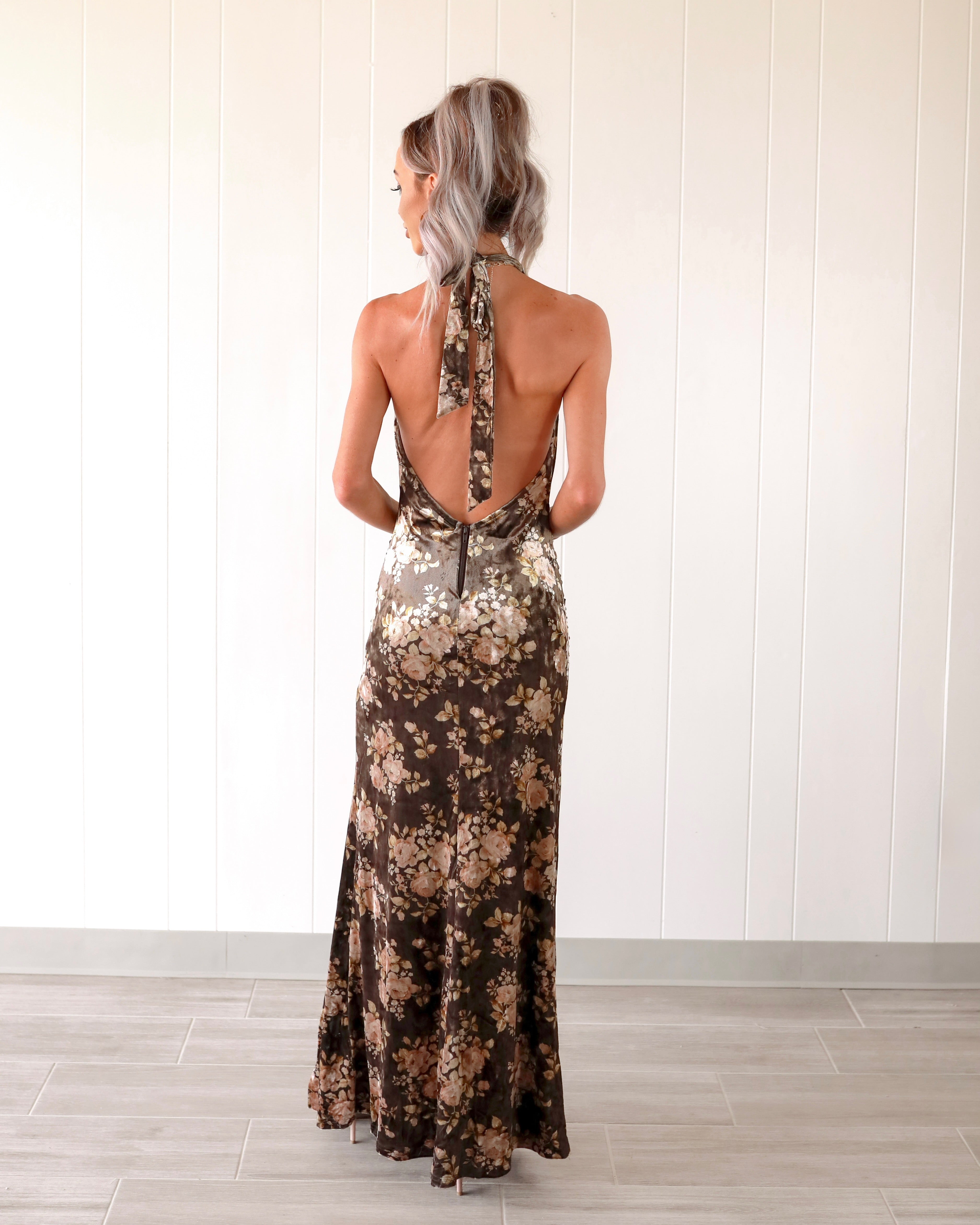 Velvet Bloom Halter Maxi Dress - Mocha
