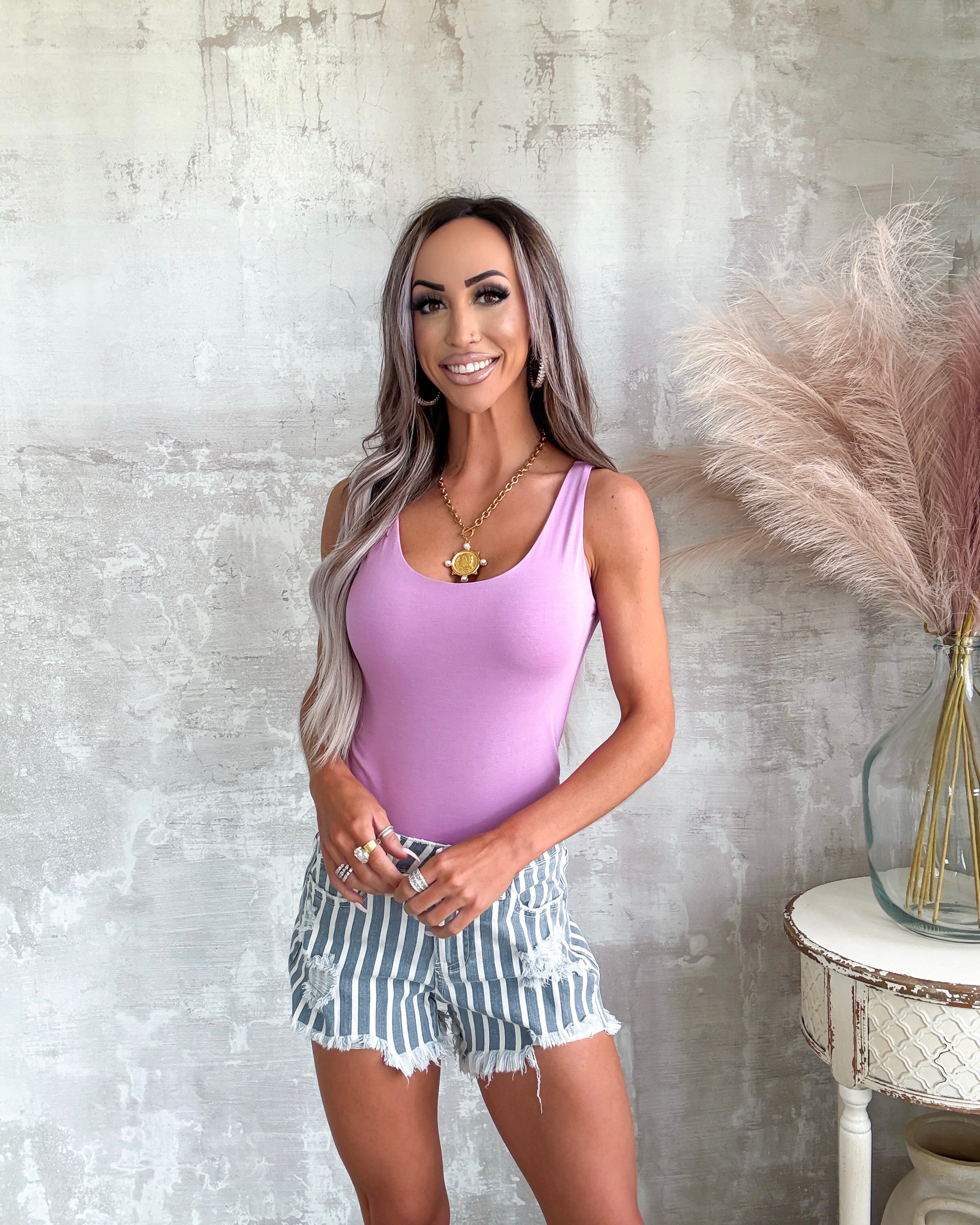 Colling High Rise Striped Denim Shorts - Greyish Blue