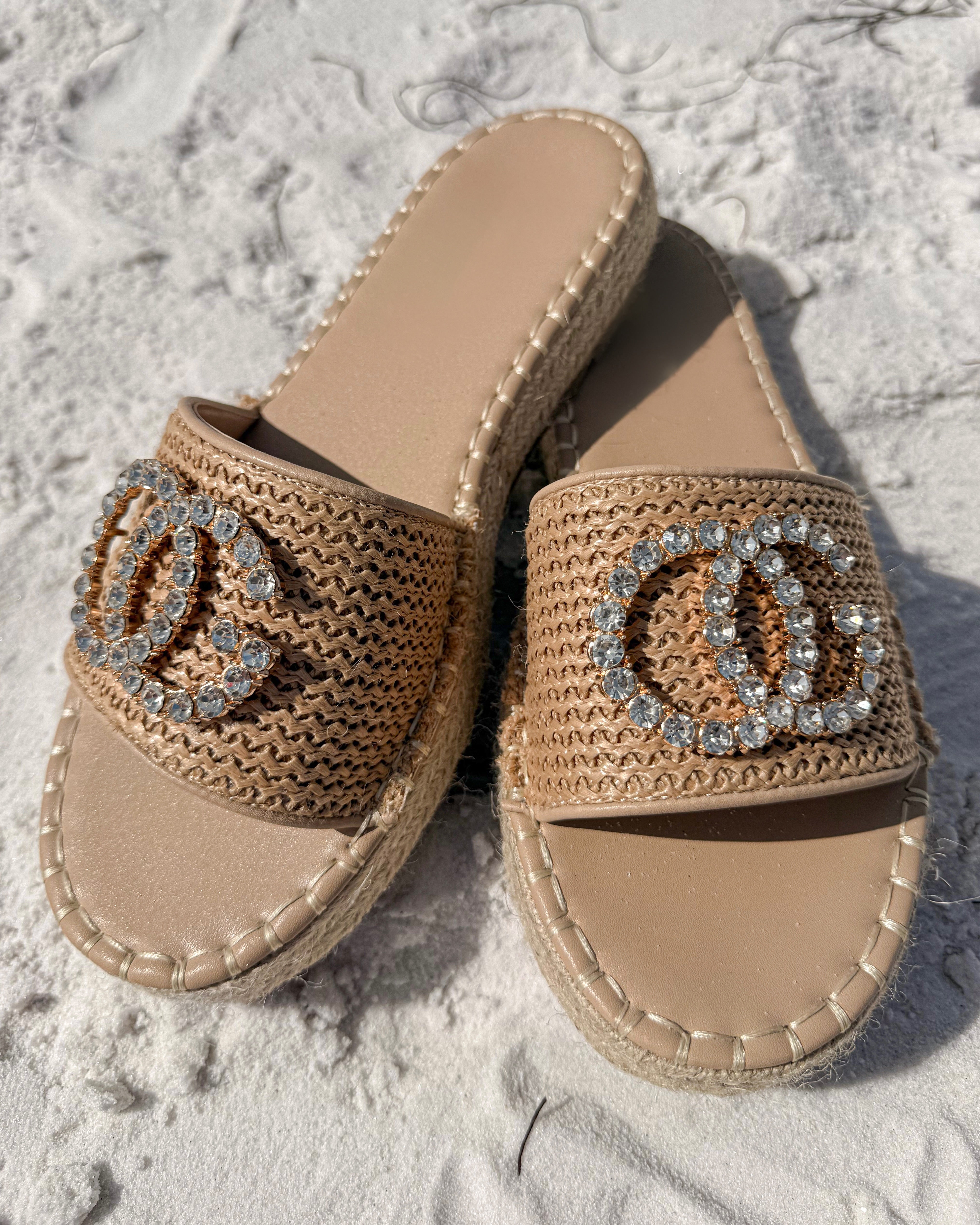 Chanelle Luxe Raffia Bling Slide - Natural