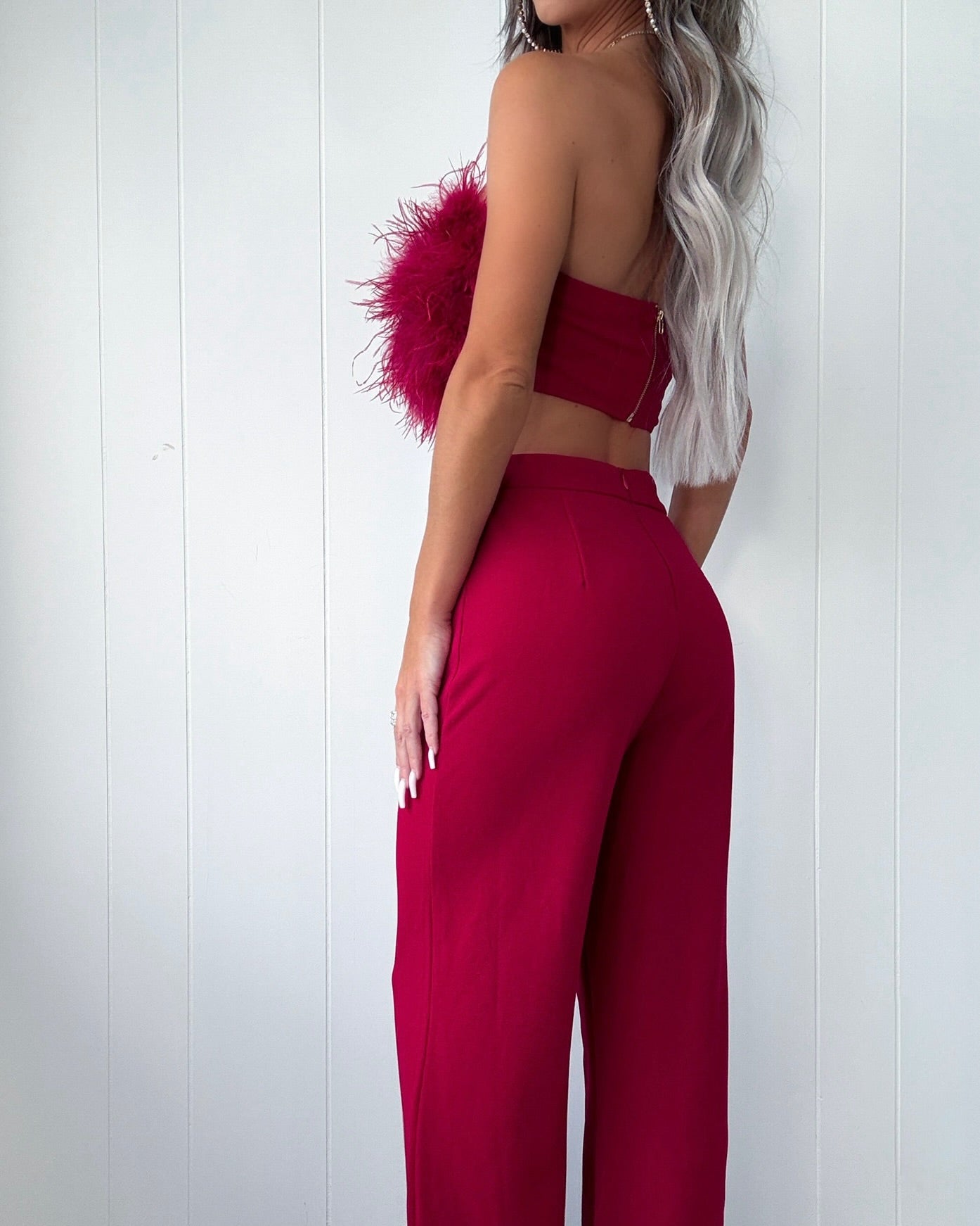 Graceful Reflections Fur Pants Set - Burgundy