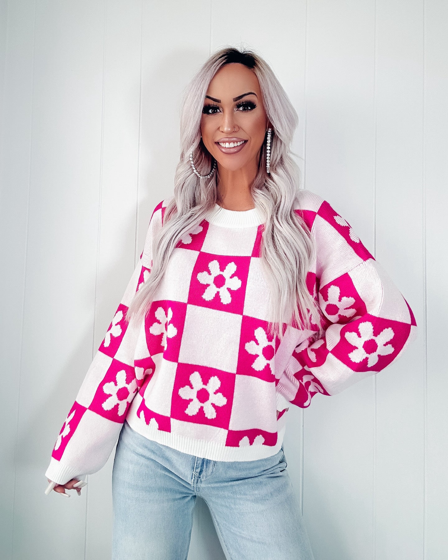 Perfect Timing Flower Checkered Sweater - Hot Pink