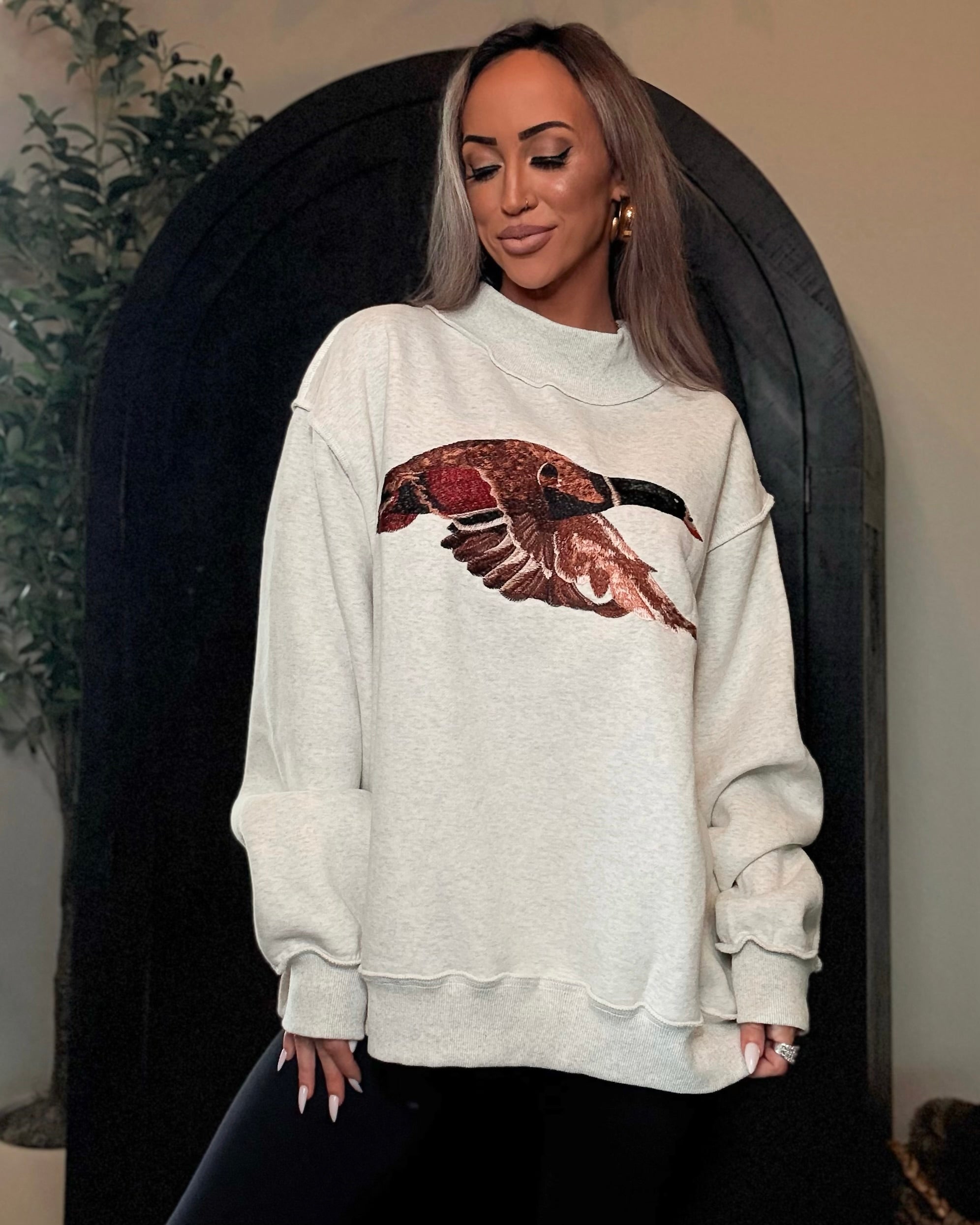 The Sporting Archive Mallard Embroidered Mock Neck - Ash Grey