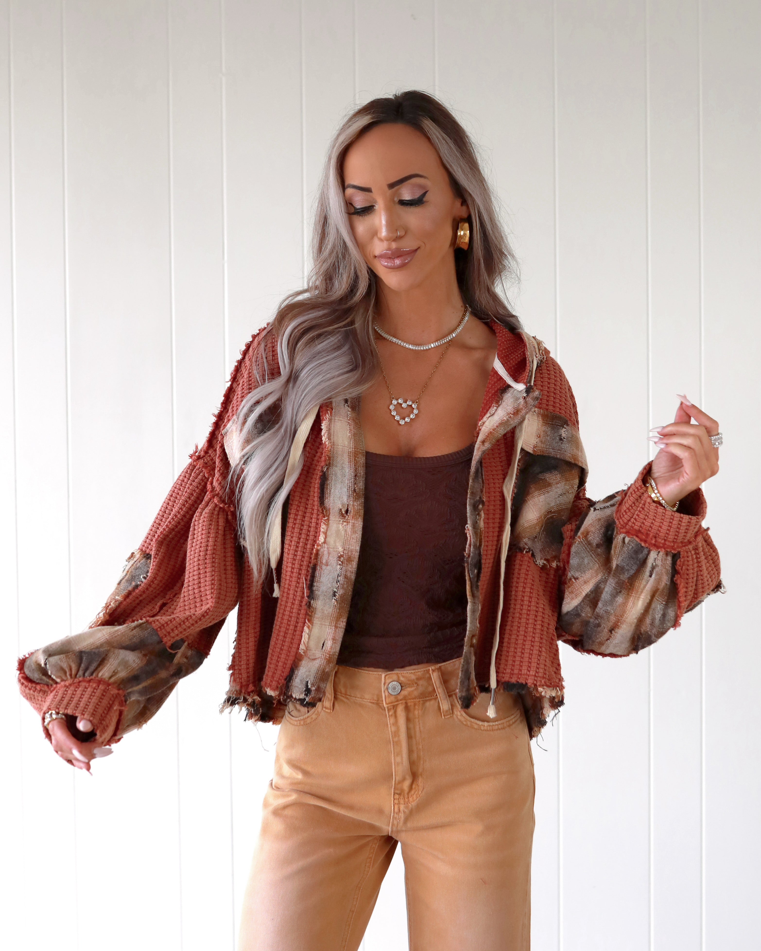 Sweet Patchwork Hooded Top - Maroon