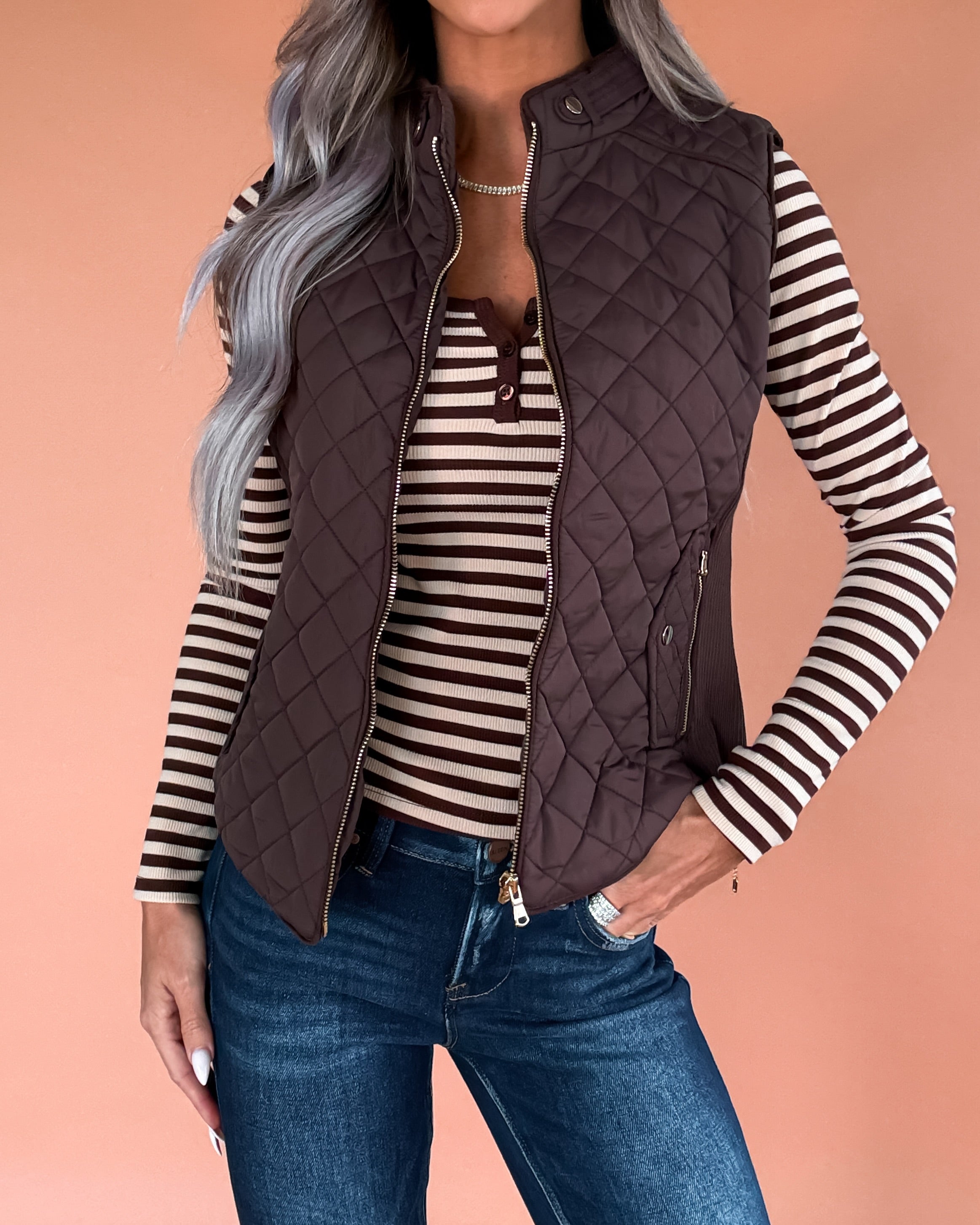 Sight Seeing Quilted Padded Vest - Chocolate