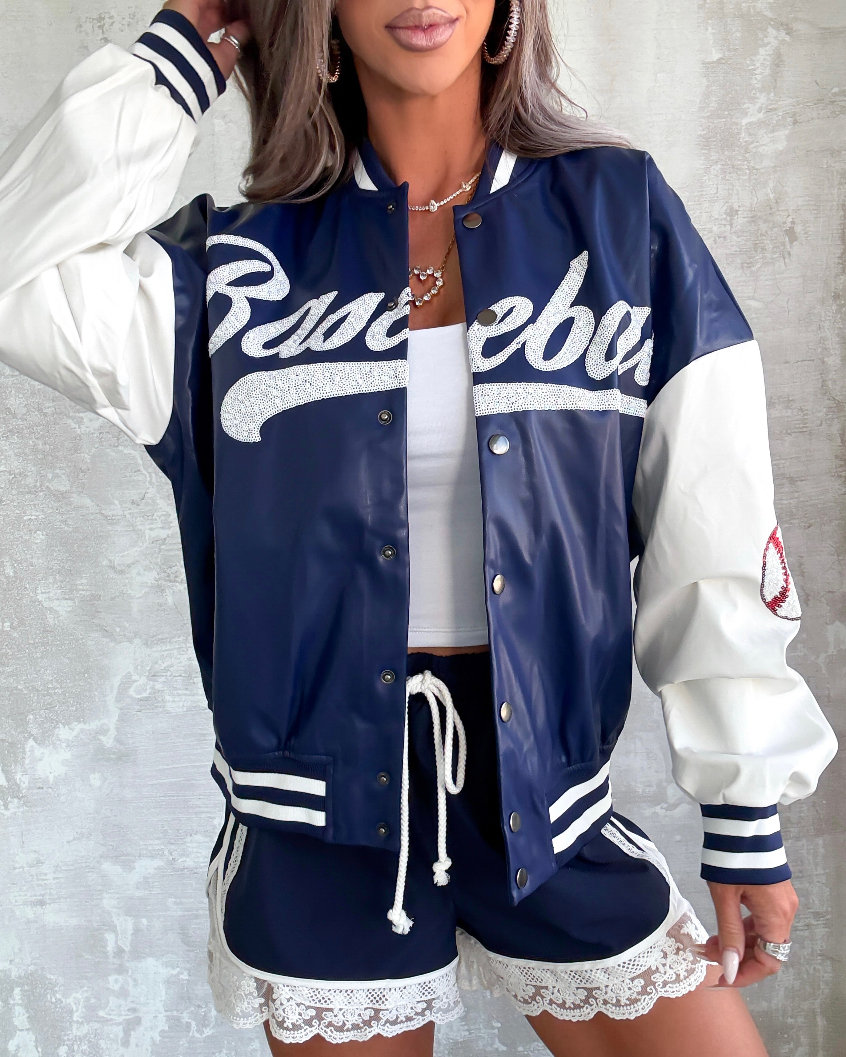 Baseball Sequin Varsity Jacket - Navy