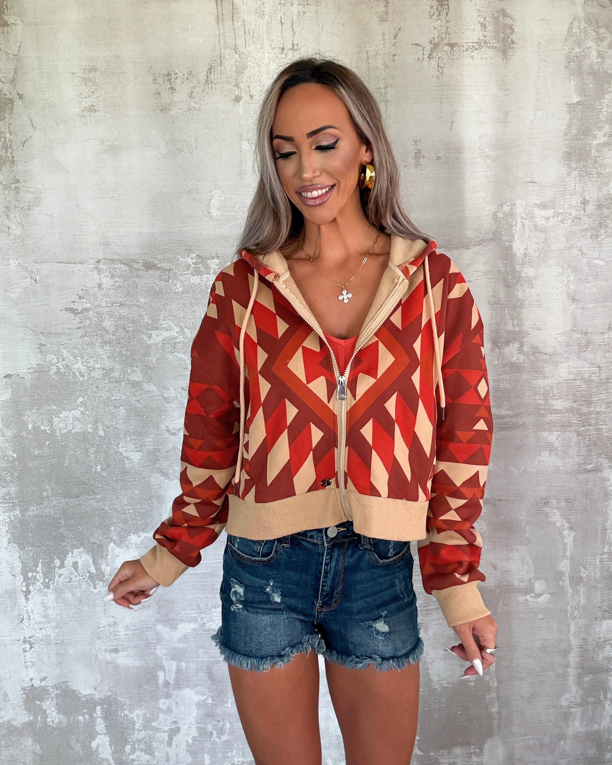Spice & Stitch Zip-Up Crop Hoodie - Rust Aztec