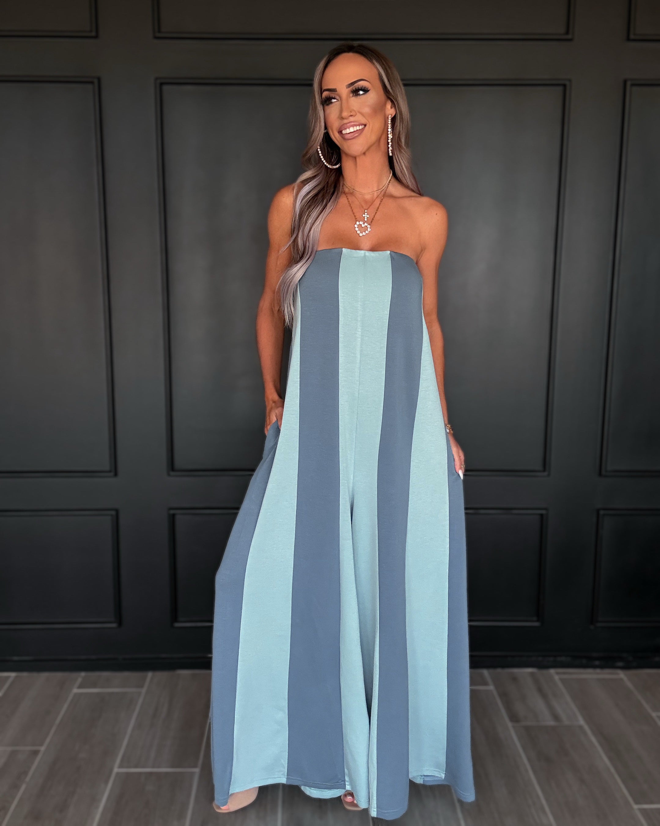 The Drew Strapless Striped Jumpsuit - Blue