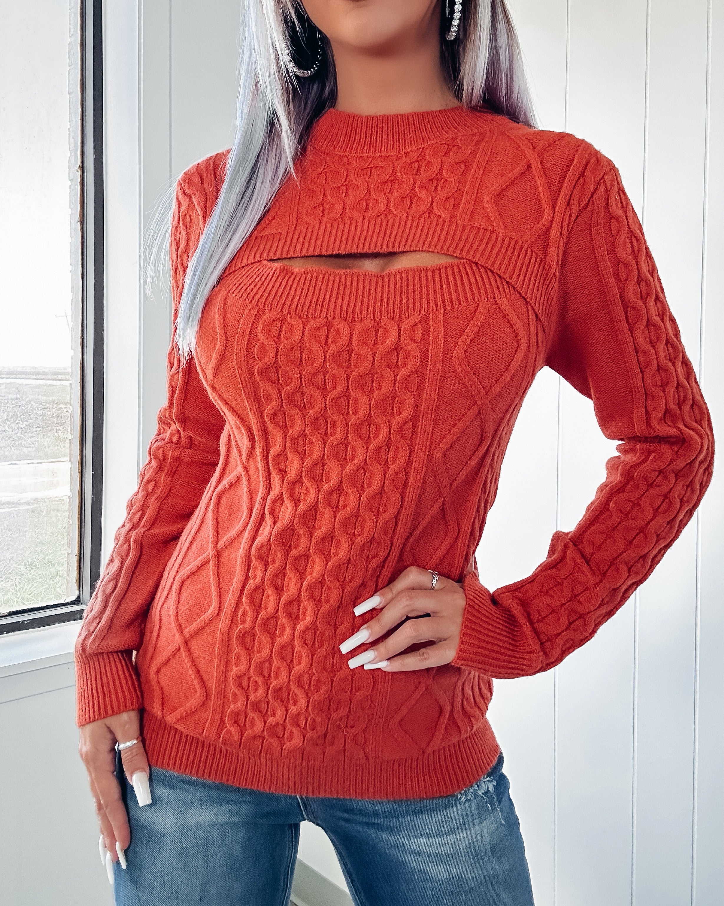 Holding On Cable Knit Cutout Sweater - Rust