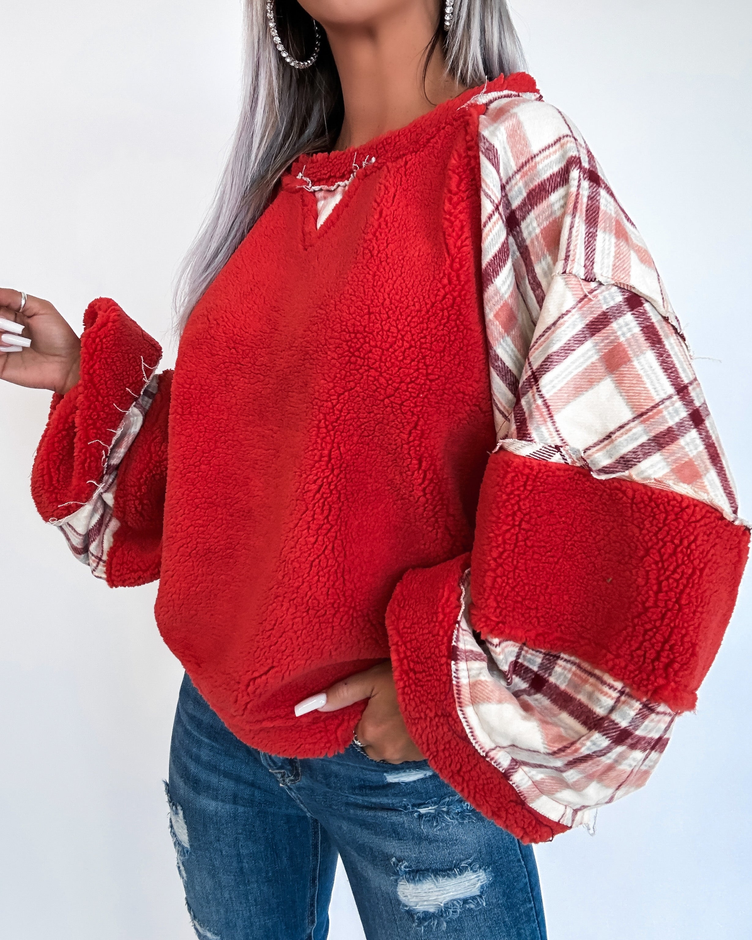 Looking For You Plaid Puff Sleeve Top- Red