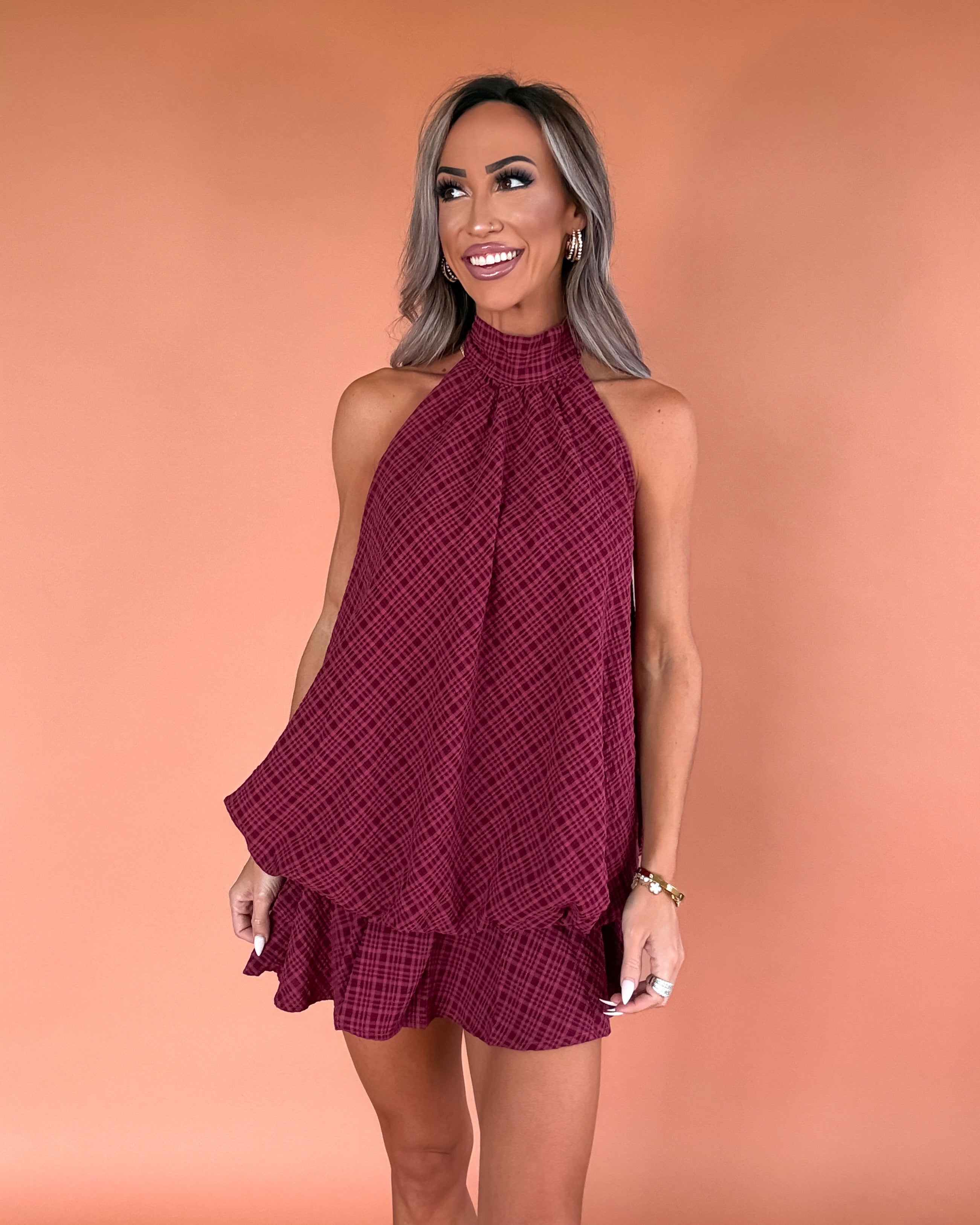 Bows & Bubbly Plaid Halter Dress - Burgundy