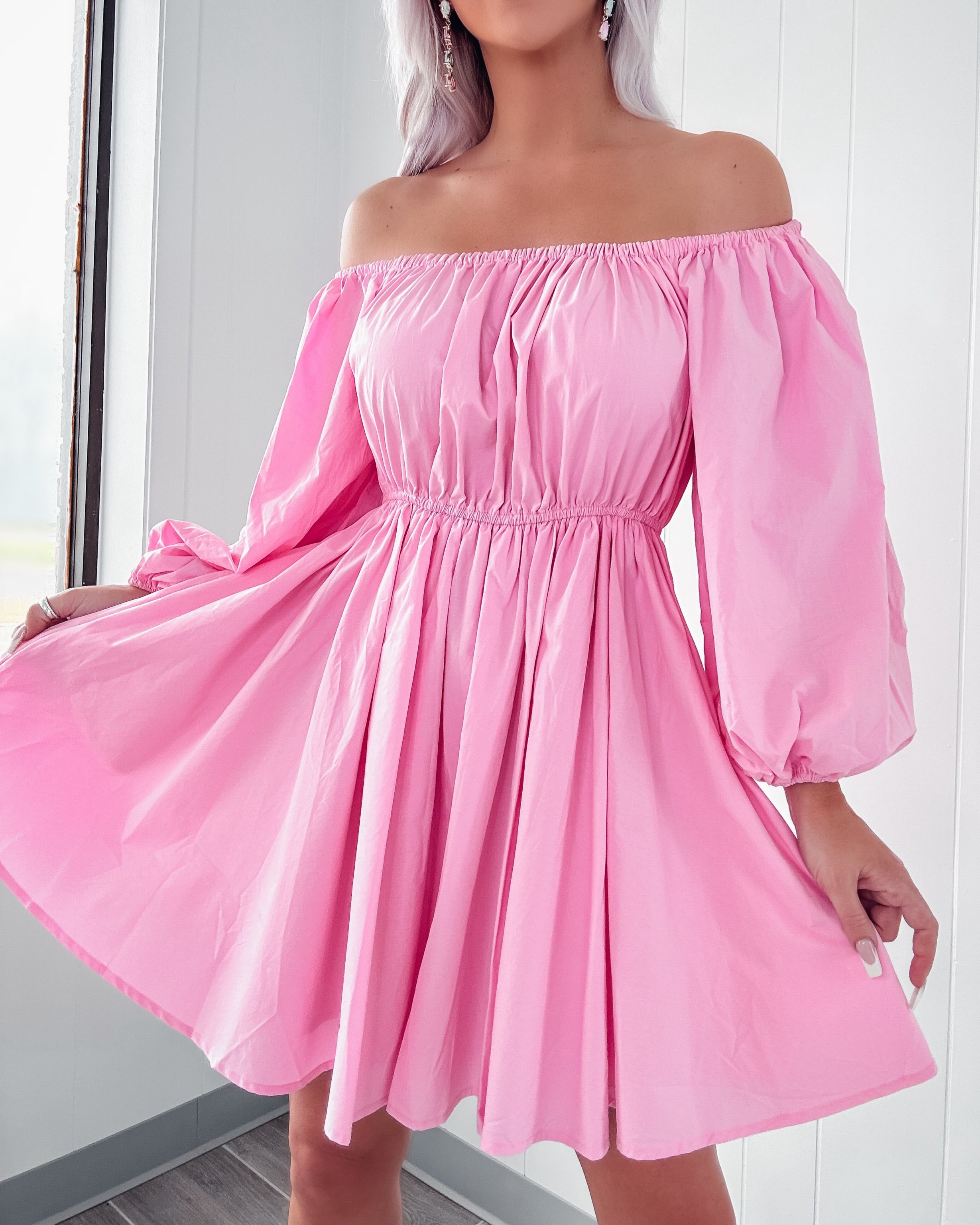 Joyful Journey Off Shoulder Puff Sleeve Dress - Pink