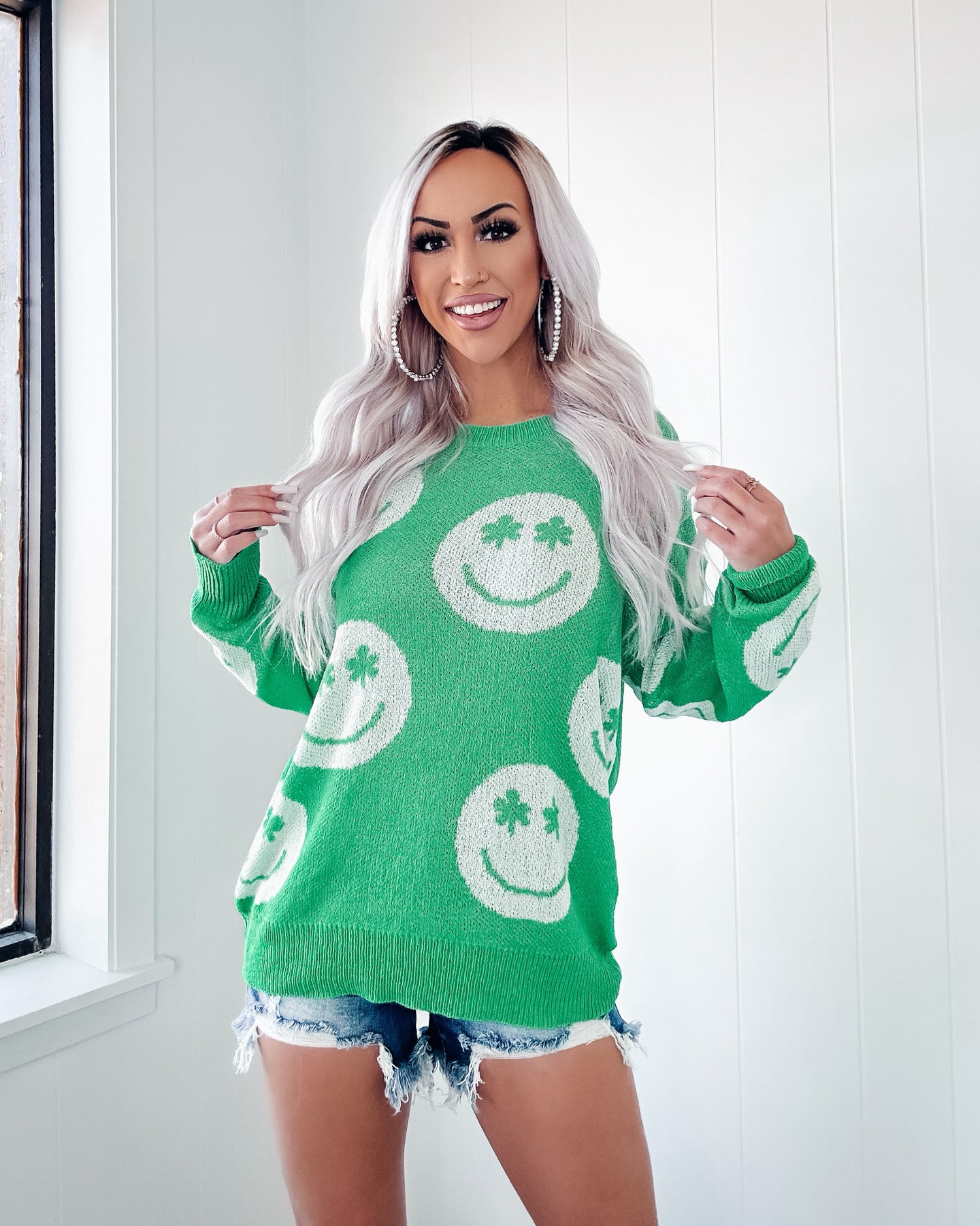 Lucky Clover Smiley Sweater - Green