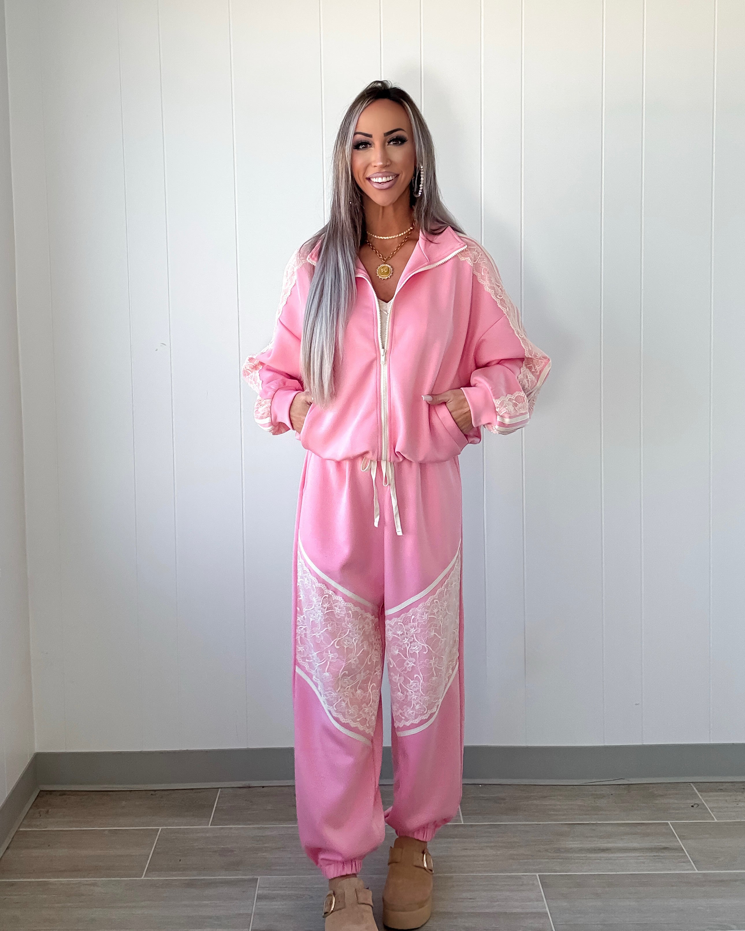 Elevated Lace Lounge Pants Set - Baby Coral