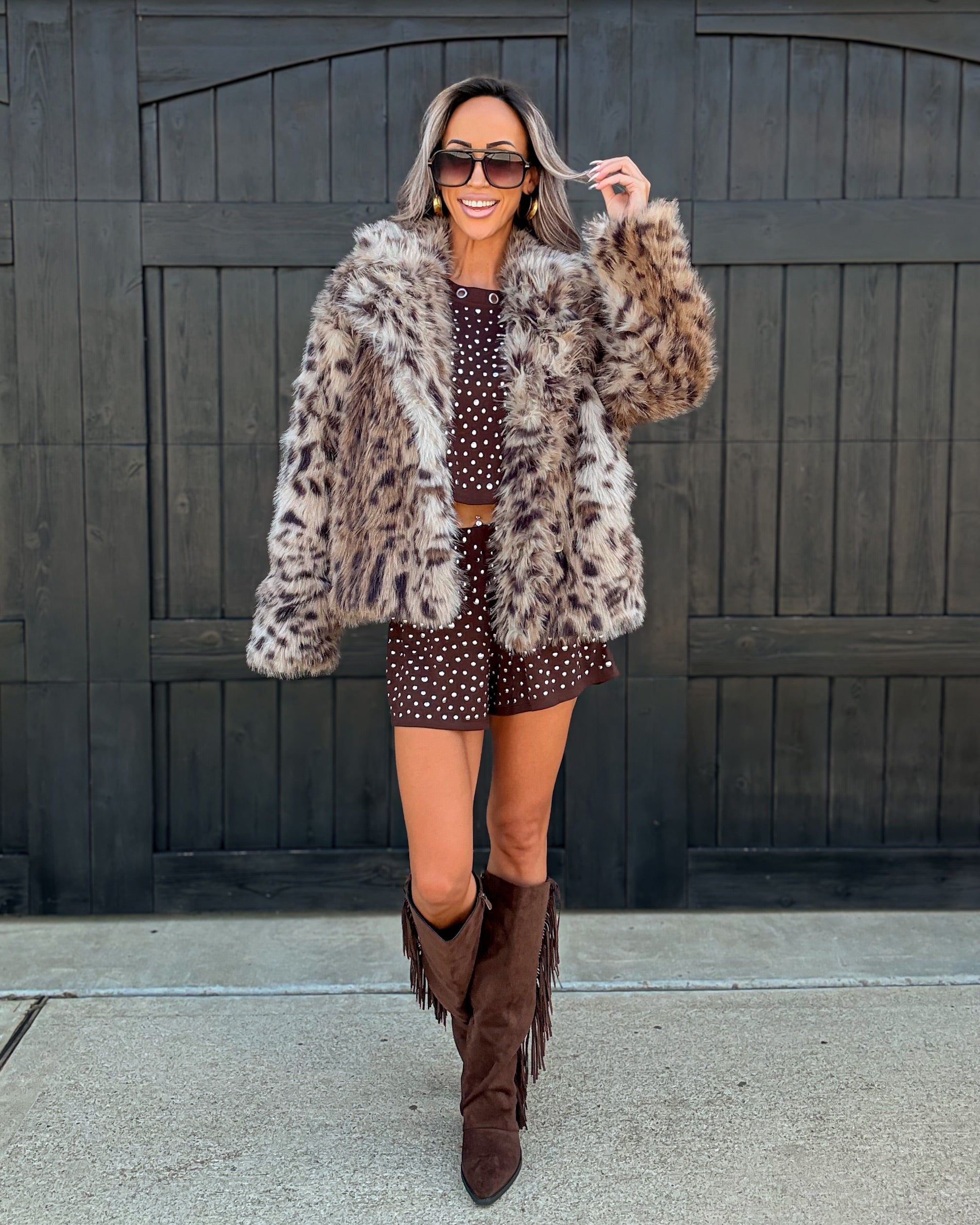 The Statement Faux Fur Spotted Jacket - Taupe Brown