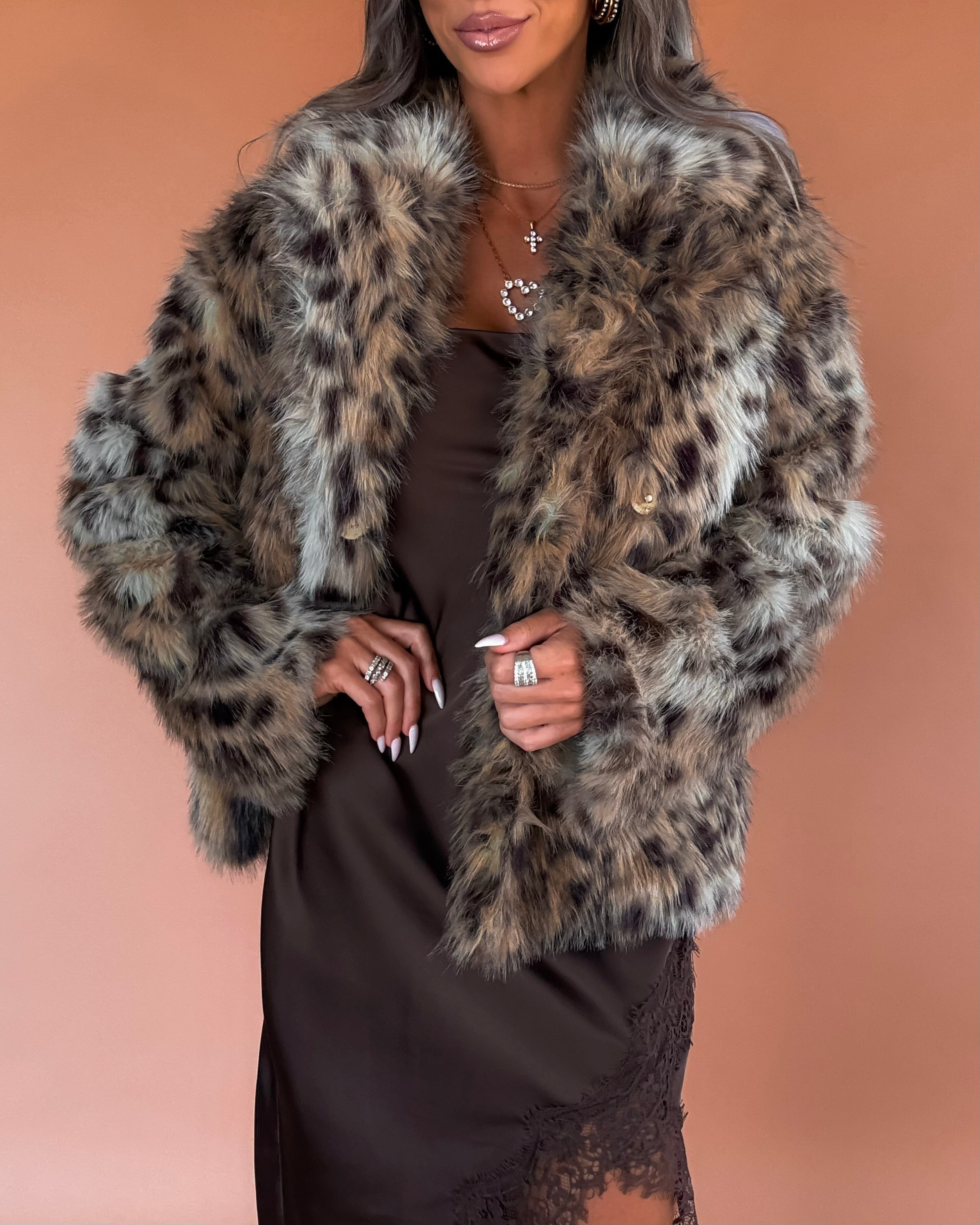The Statement Faux Fur Spotted Jacket - Taupe Brown