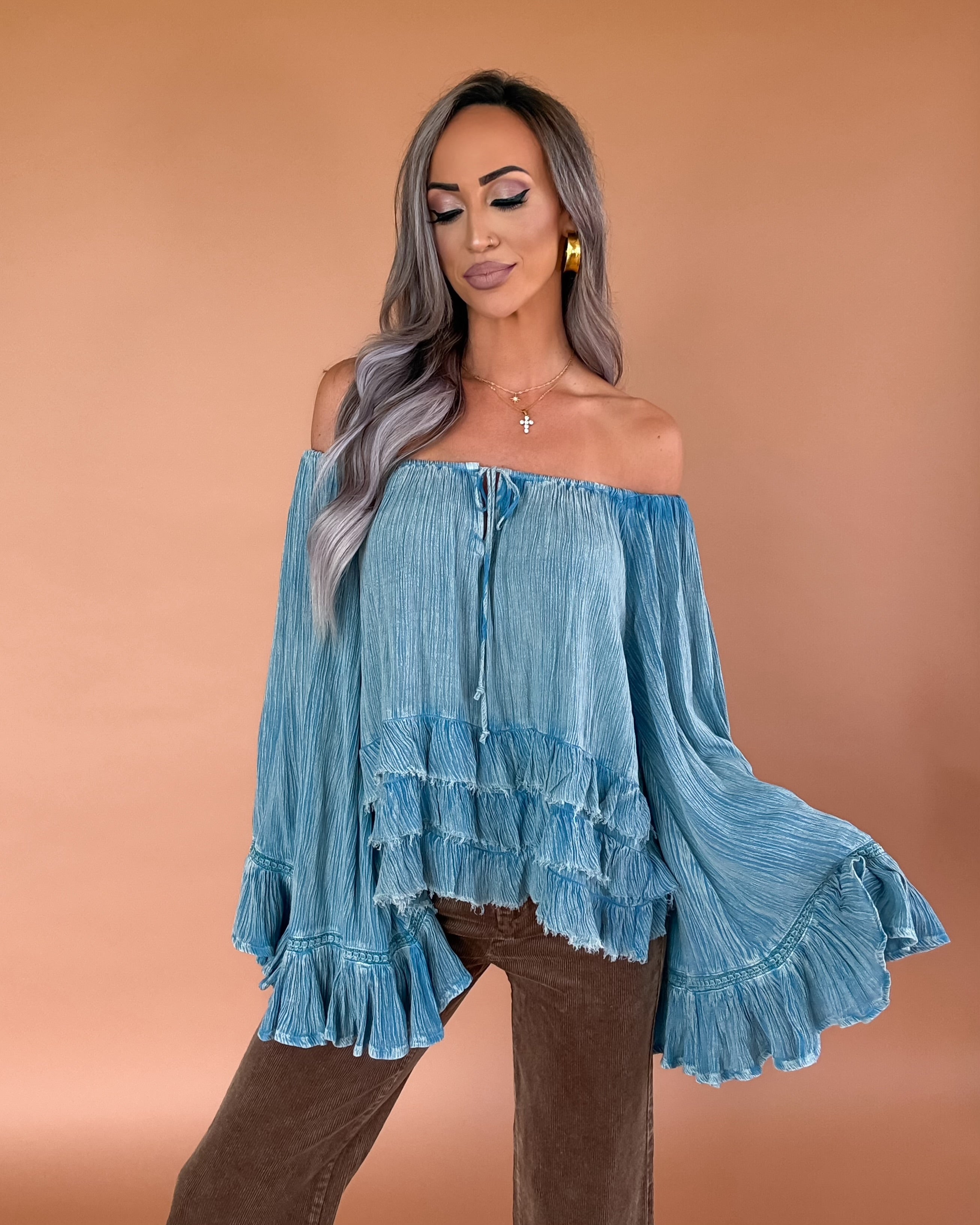 Petal Ruffle Crinkle Top - Denim Blue