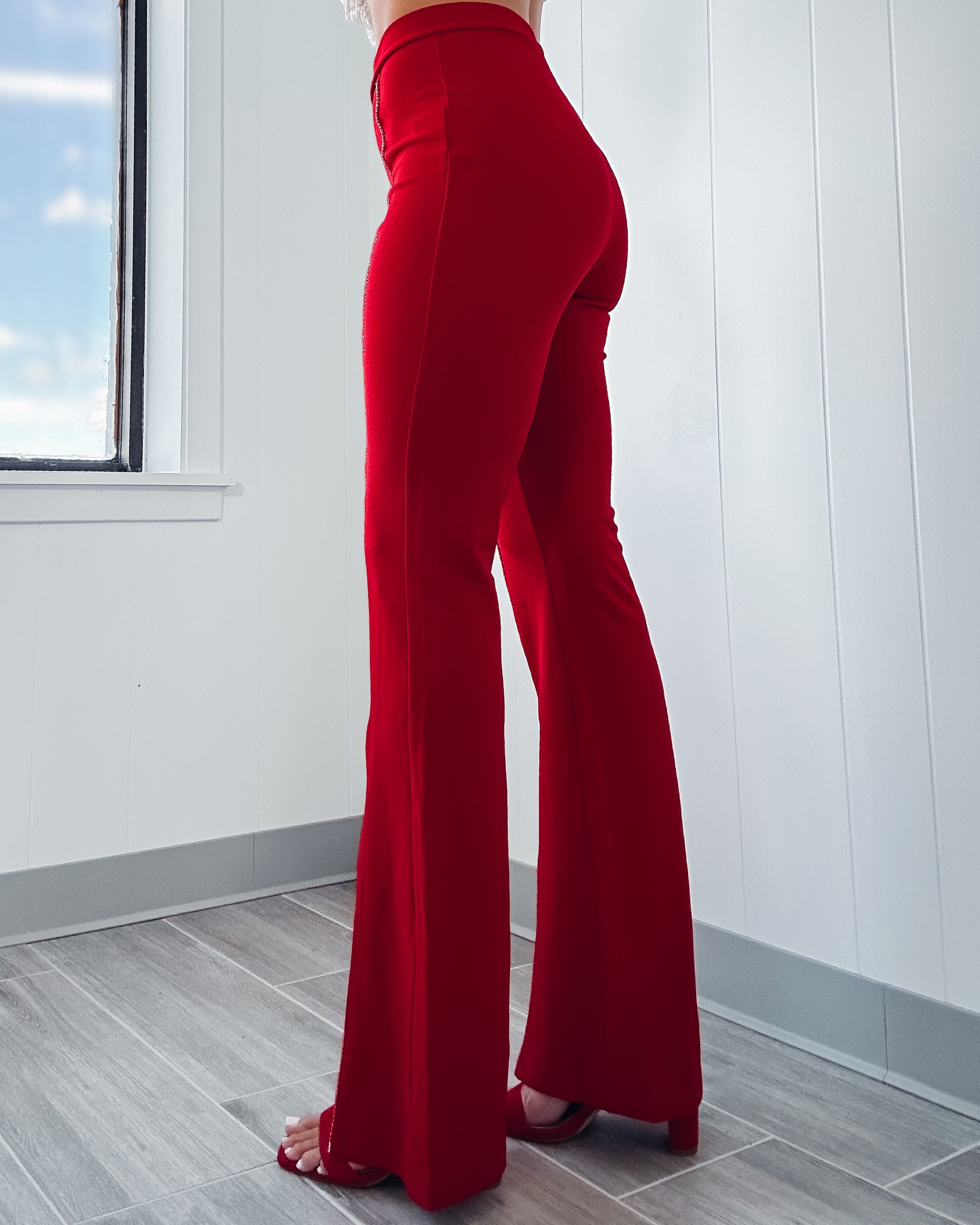 Living In The Moment Rhinestone Slit Pants - Red
