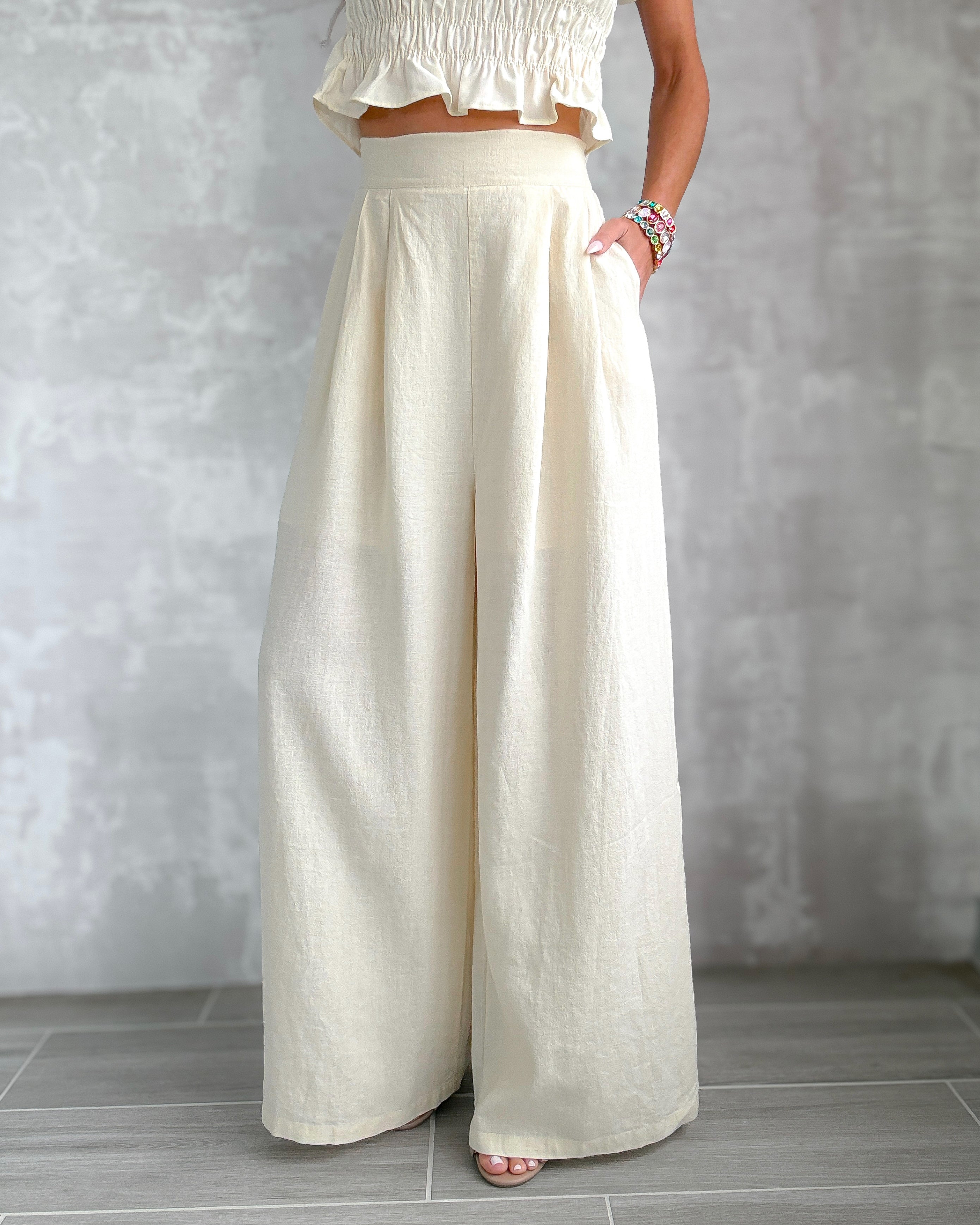 Sable Shore Wide Leg Linen Pants - Ecru