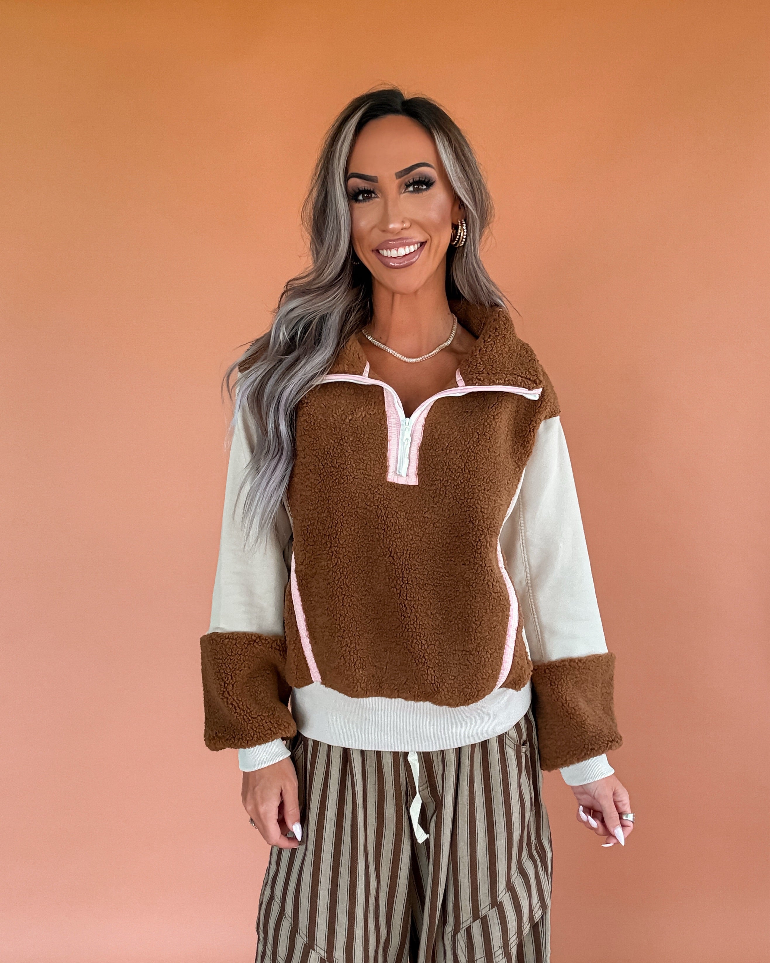 Stay Awhile Sherpa Pullover - Brown