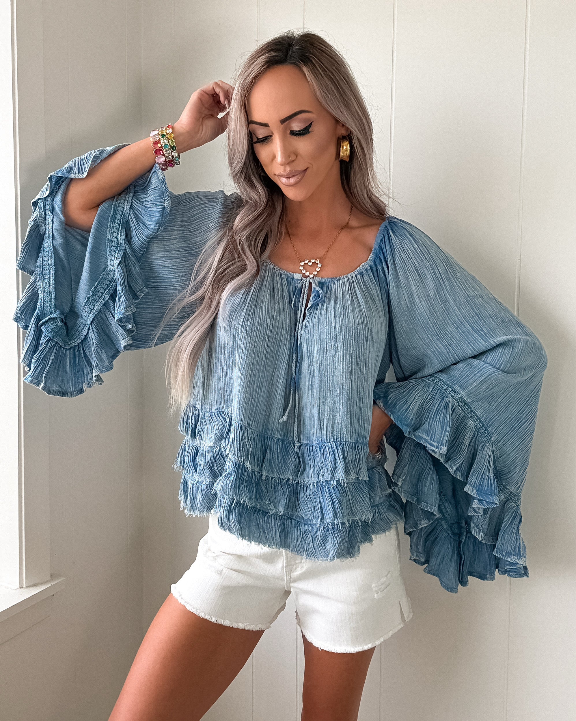 Petal Ruffle Crinkle Top - Denim Blue