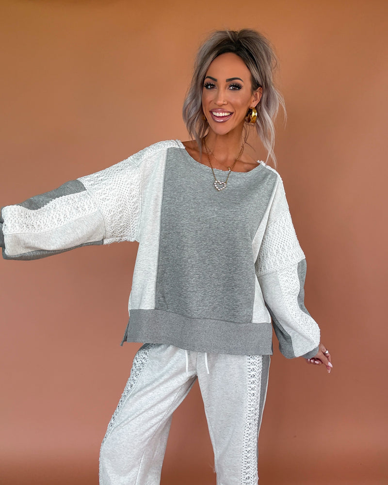 Heathered Muse Crochet Long Sleeve Top - Grey