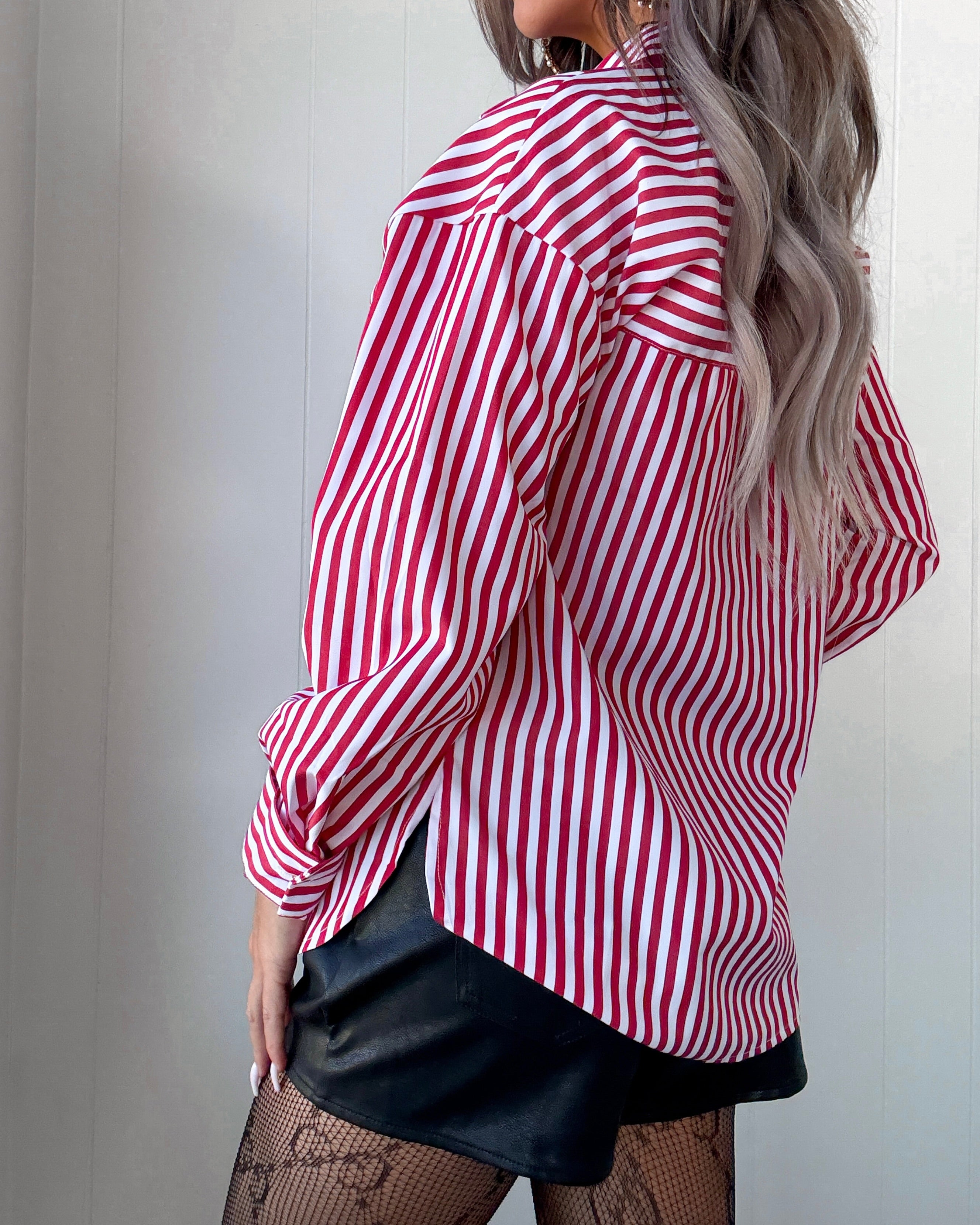 Candy Cane Lane Striped Button Up - Red