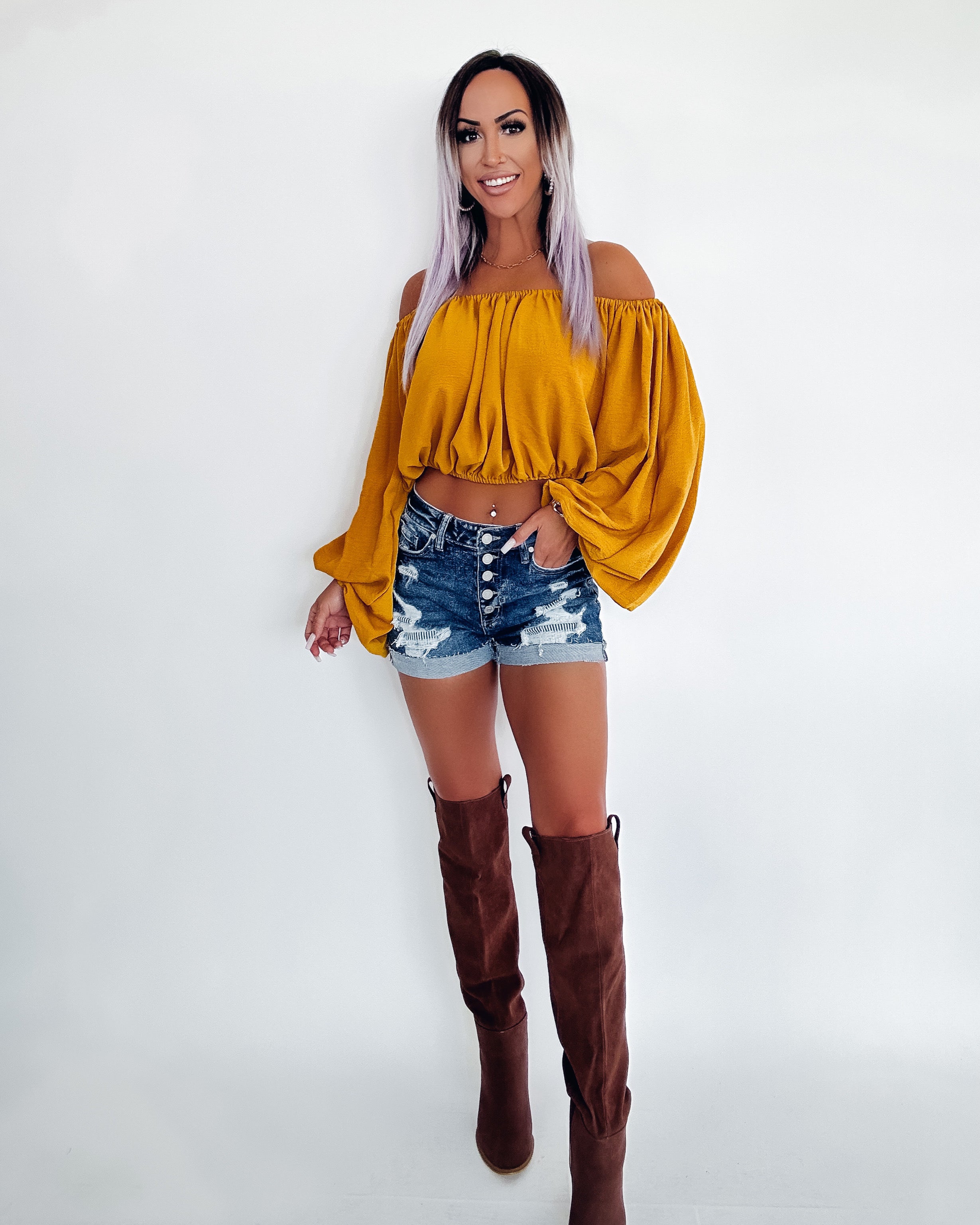Play Day Balloon Sleeve Off Shoulder Top - Mustard
