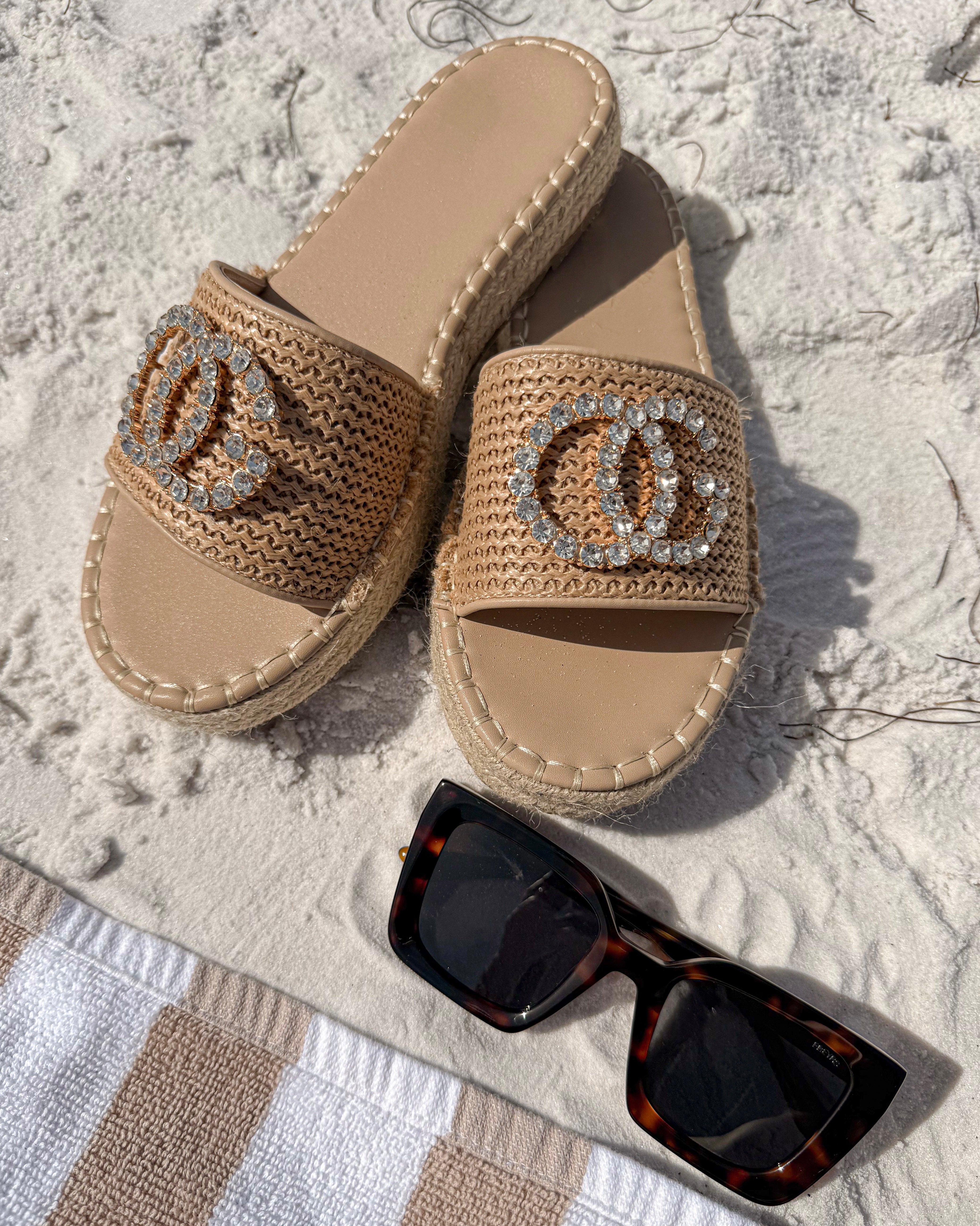 Chanelle Luxe Raffia Bling Slide - Natural